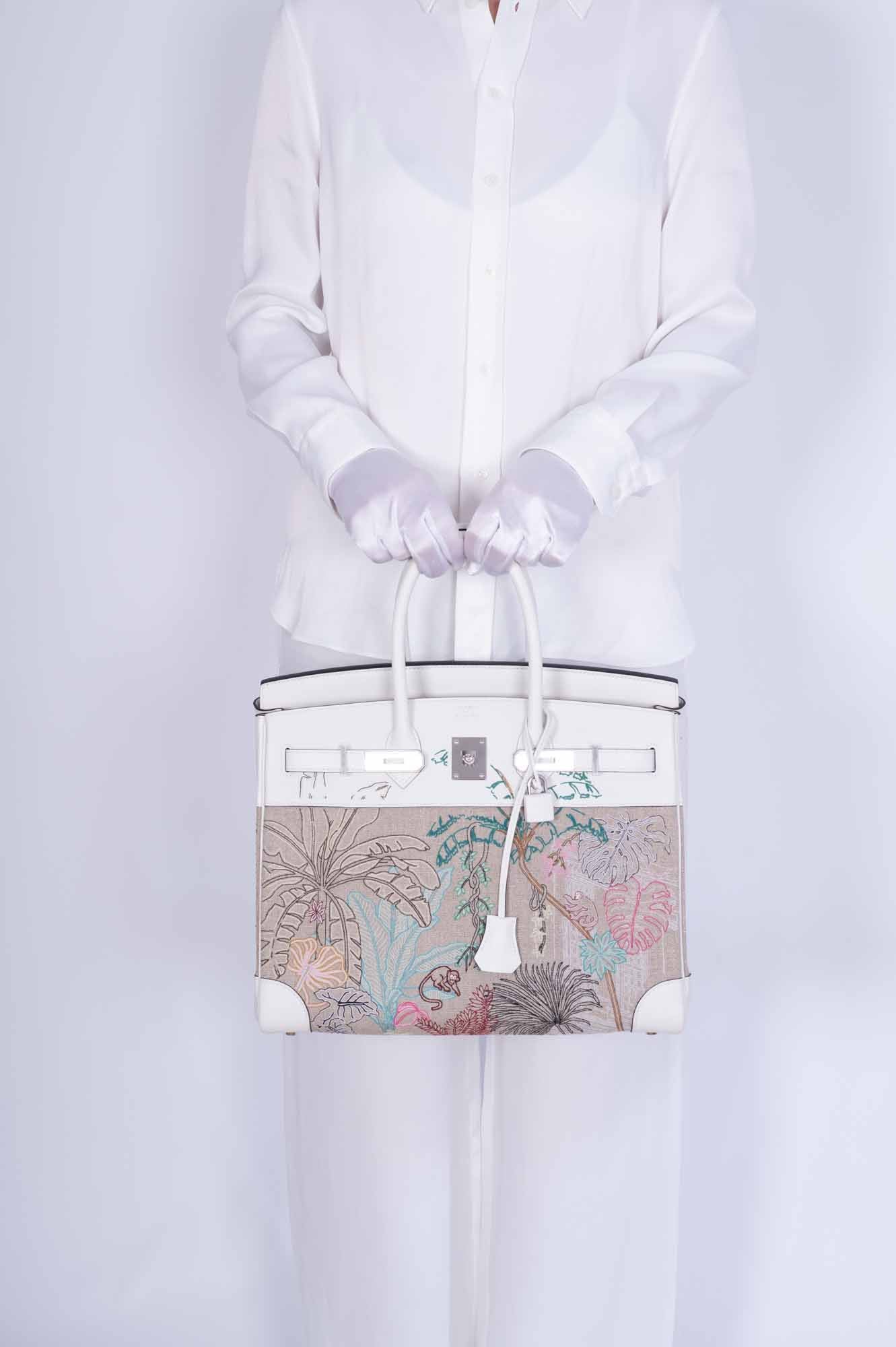 Hermès Birkin 35 Faubourg Tropical Embroidered Toile de Camp Blanc Swift Palladium Hardware