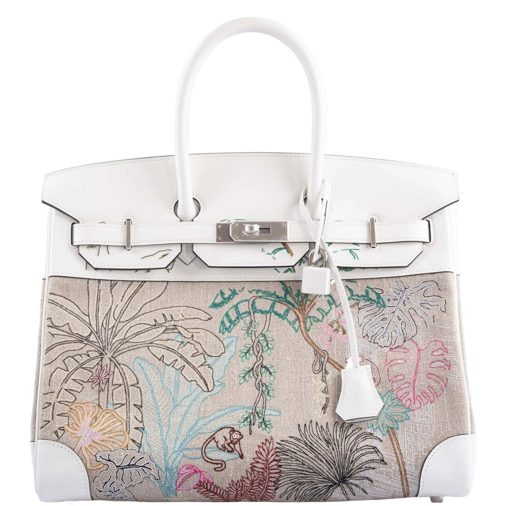 Hermès Birkin 35 Faubourg Tropical Embroidered Toile de Camp Blanc Swift Palladium Hardware