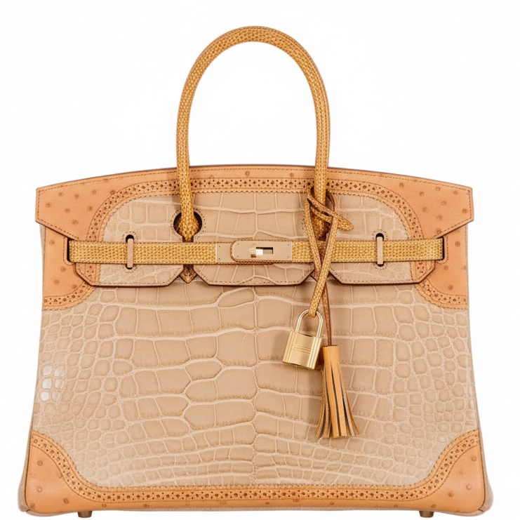 Hermès Birkin 35 Ghillies Grand Marriage Poussière Matte Alligator Tabac Camel Ostrich Sesame Lizard Permabrass Hardware