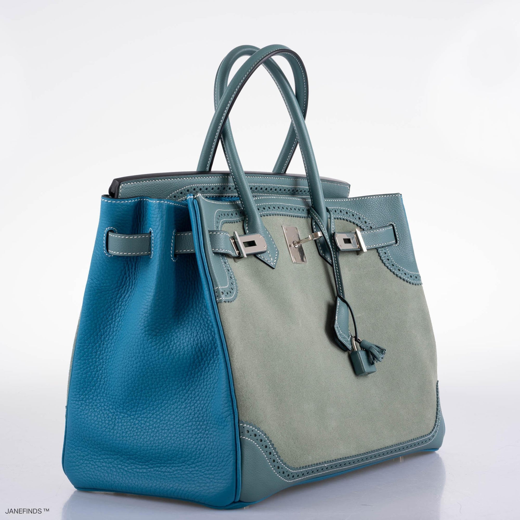 Hermès Birkin 35 Grizzly Ghillies Ciel/Turquoise Veau Doblis/Clémence/Evercolor Palladium Hardware