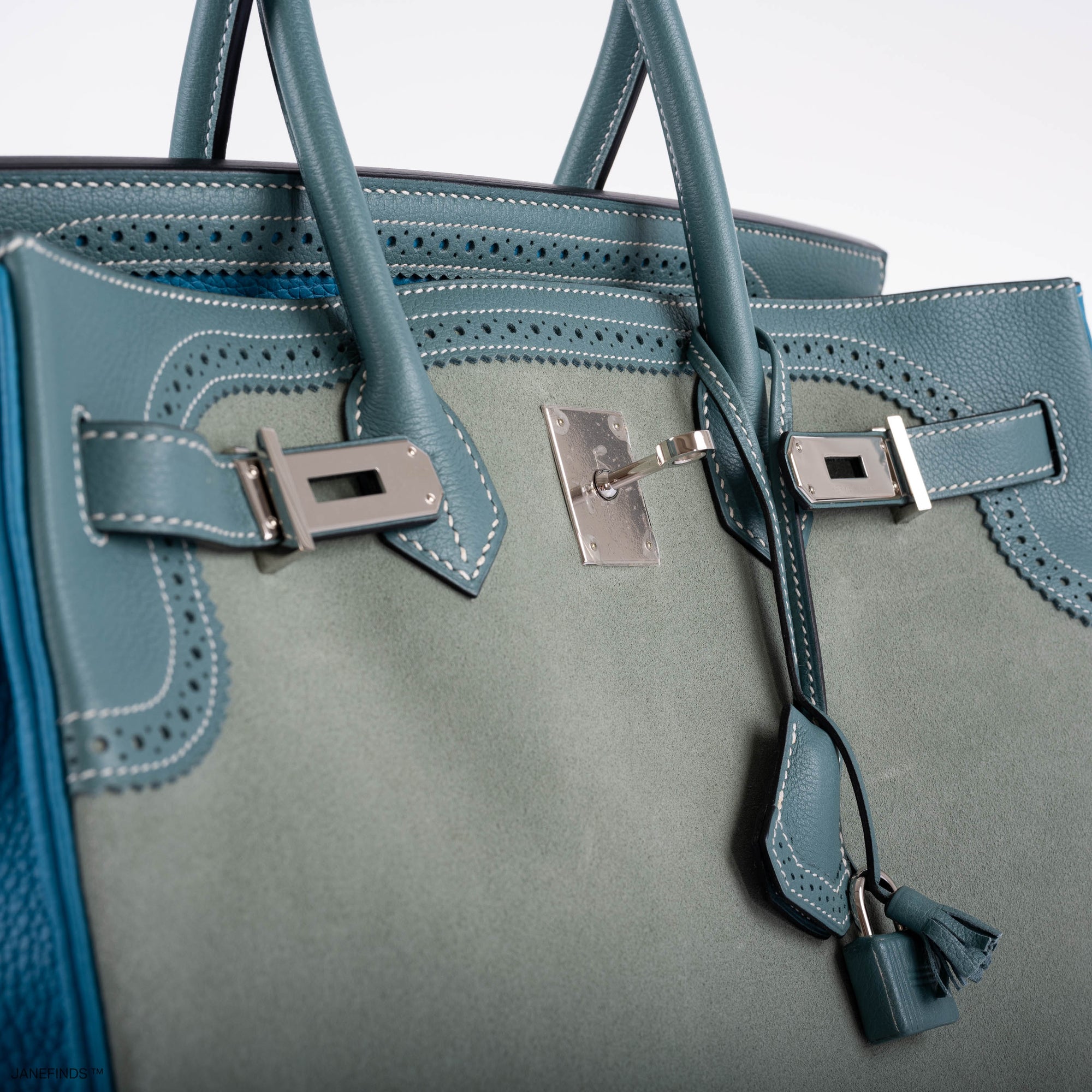 Hermès Birkin 35 Grizzly Ghillies Ciel/Turquoise Veau Doblis/Clémence/Evercolor Palladium Hardware