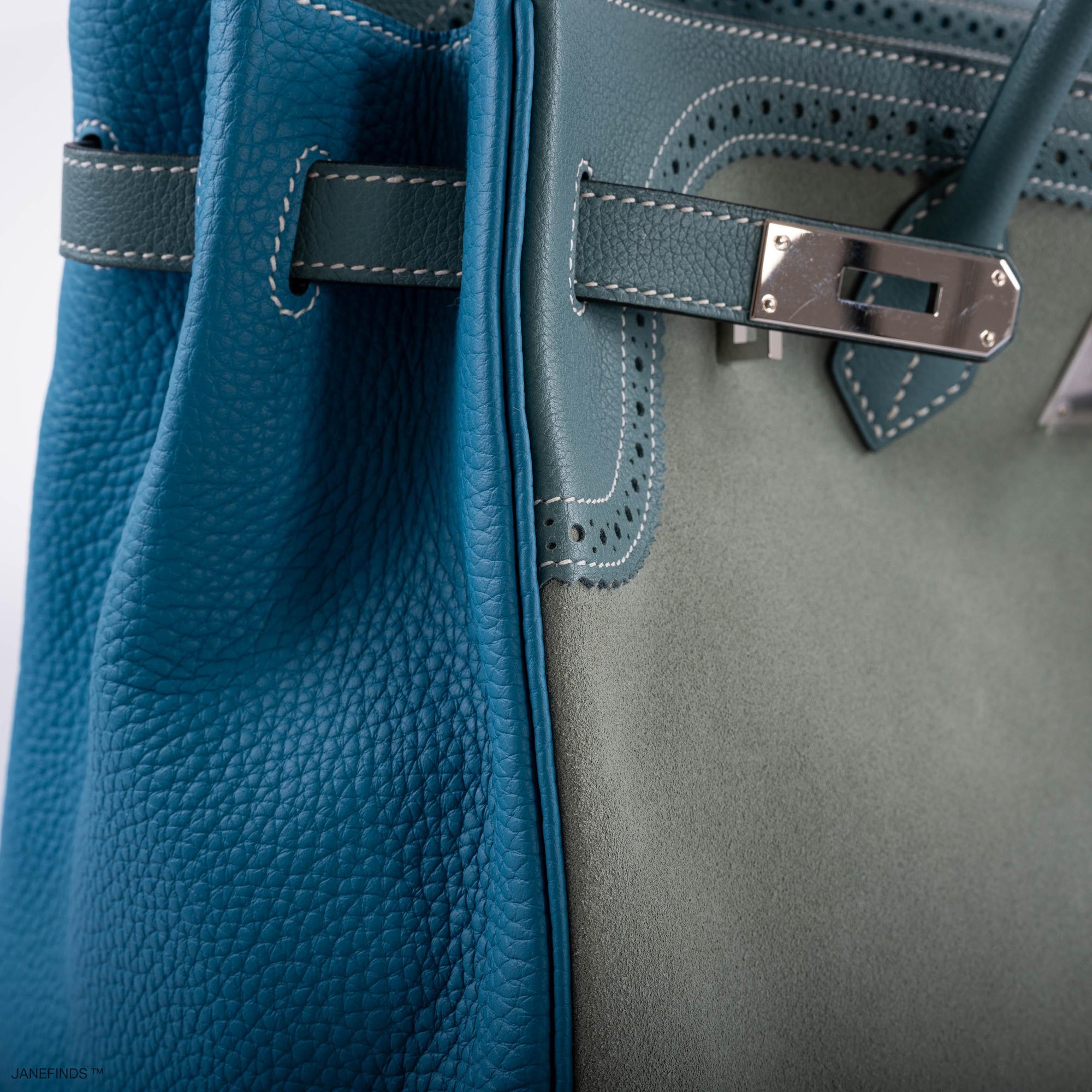 Hermès Birkin 35 Grizzly Ghillies Ciel/Turquoise Veau Doblis/Clémence/Evercolor Palladium Hardware