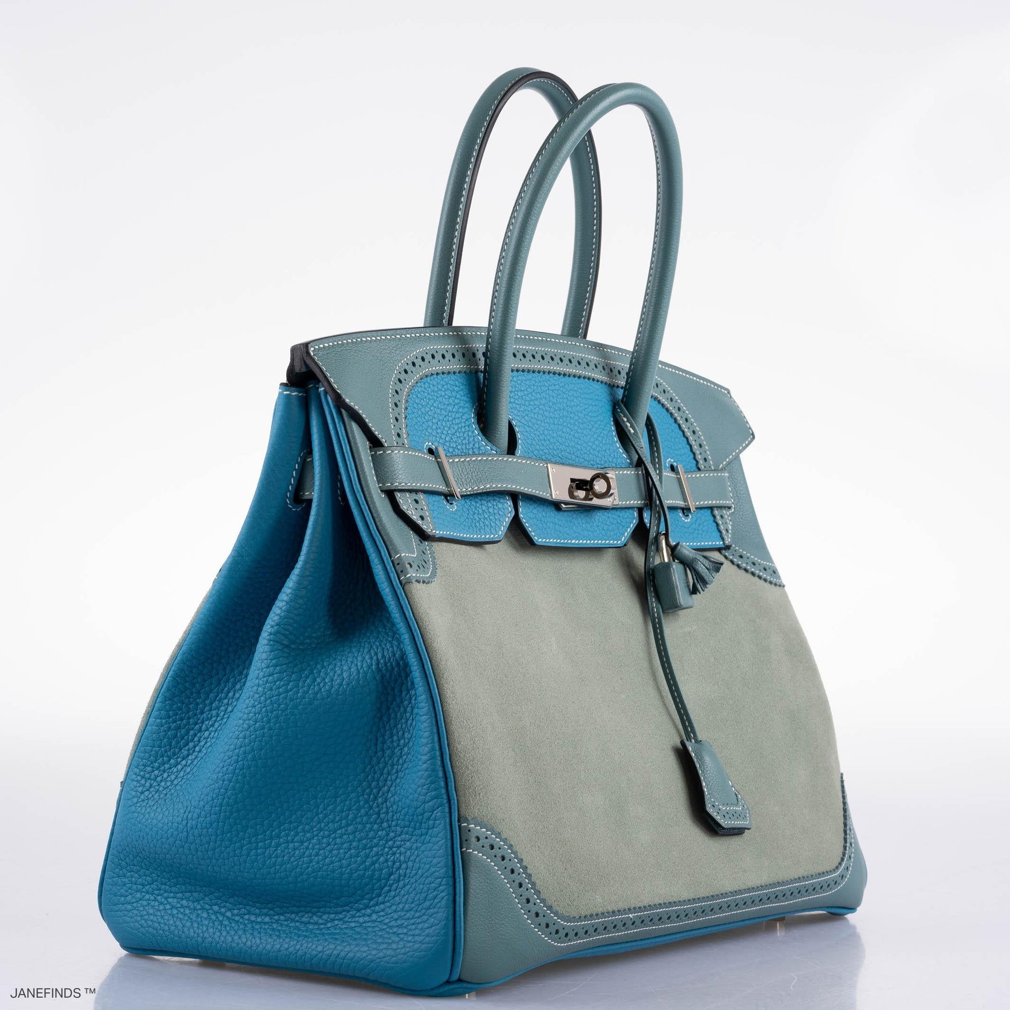 Hermès Birkin 35 Grizzly Ghillies Ciel/Turquoise Veau Doblis/Clémence/Evercolor Palladium Hardware