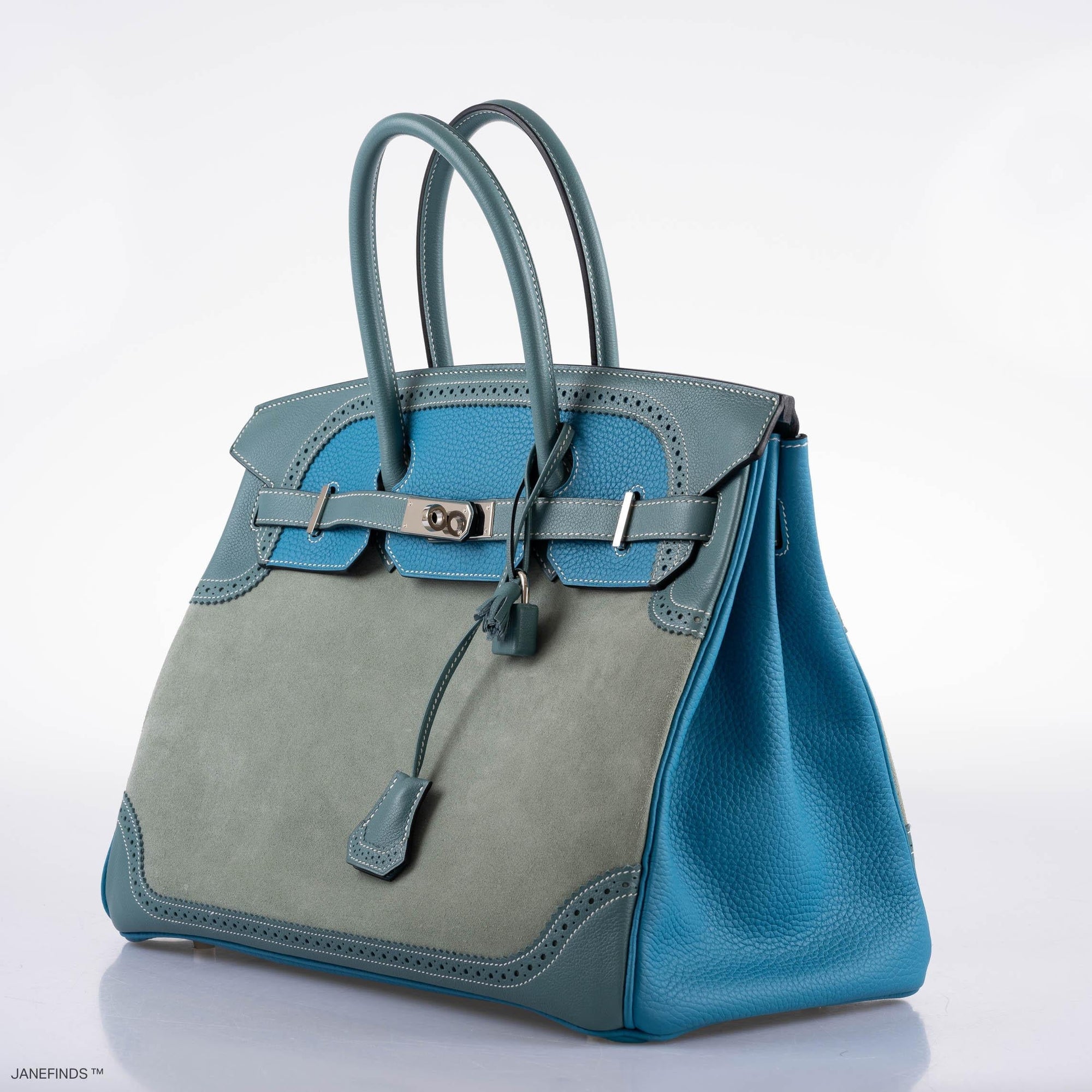 Hermès Birkin 35 Grizzly Ghillies Ciel/Turquoise Veau Doblis/Clémence/Evercolor Palladium Hardware