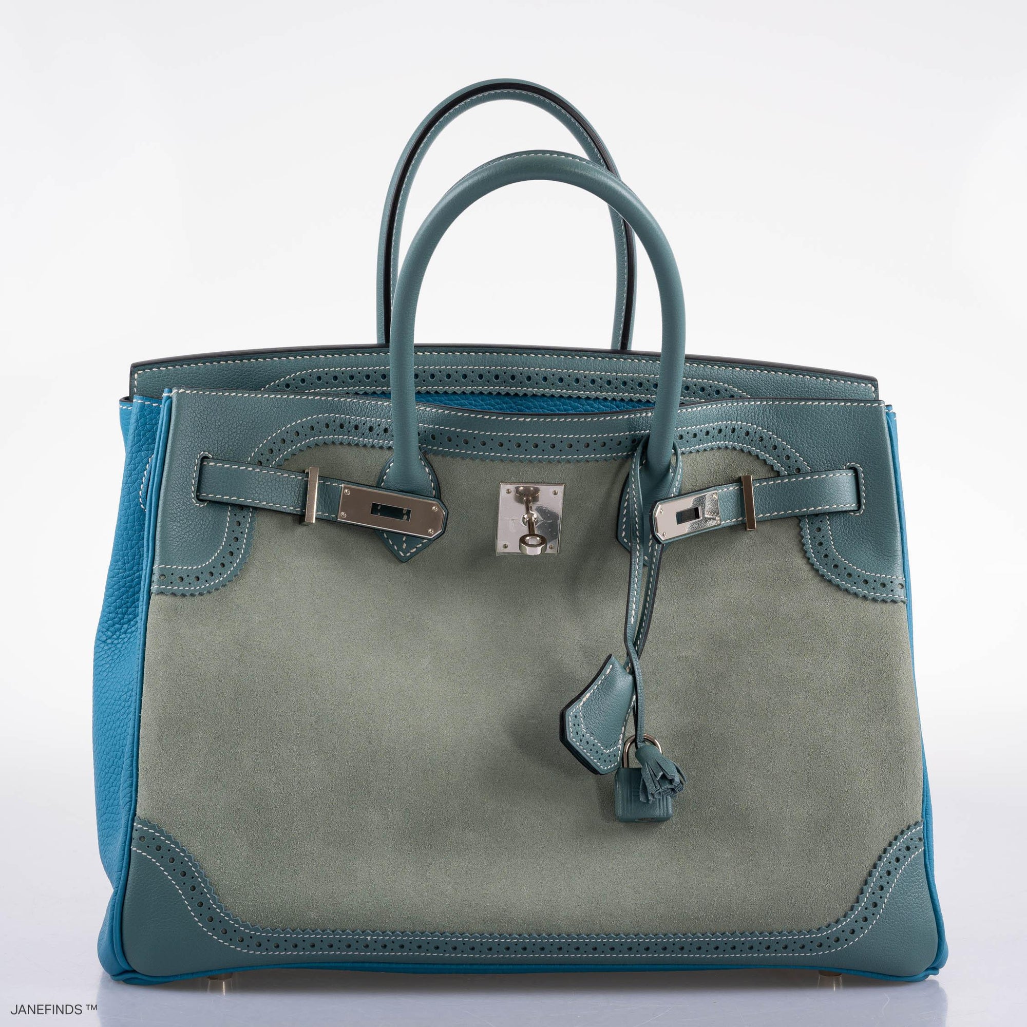 Hermès Birkin 35 Grizzly Ghillies Ciel/Turquoise Veau Doblis/Clémence/Evercolor Palladium Hardware