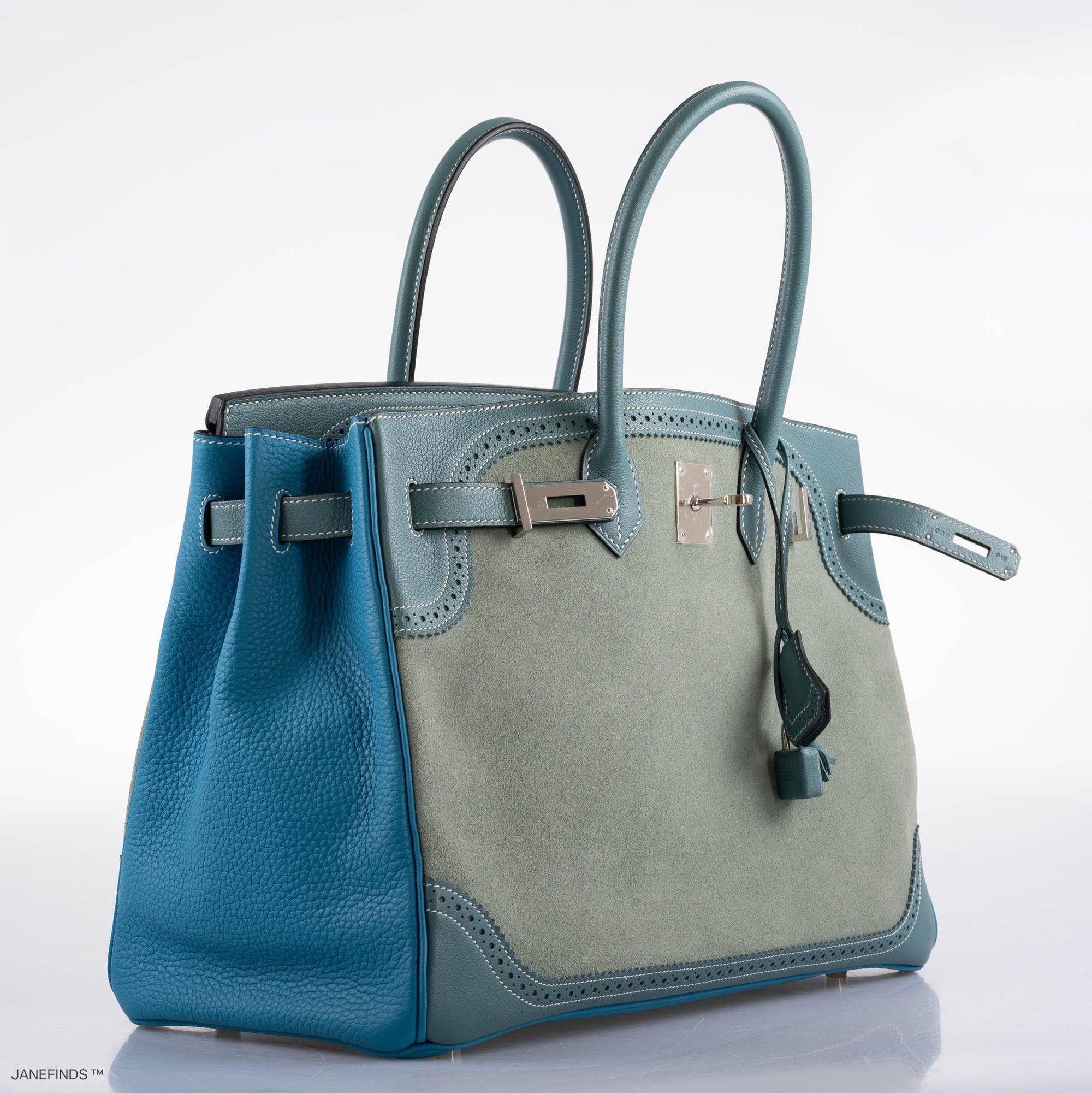 Hermès Birkin 35 Grizzly Ghillies Ciel/Turquoise Veau Doblis/Clémence/Evercolor Palladium Hardware