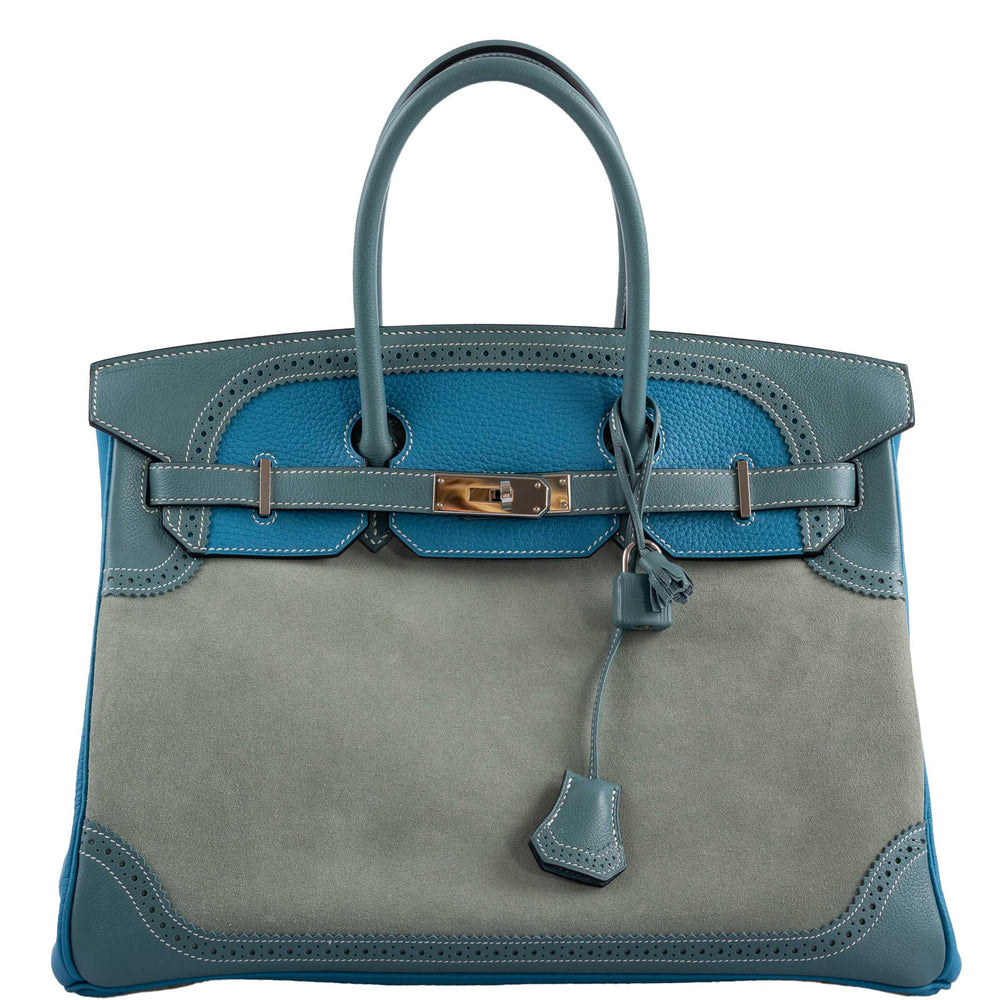 Hermès Birkin 35 Grizzly Ghillies Ciel/Turquoise Veau Doblis/Clémence/Evercolor Palladium Hardware