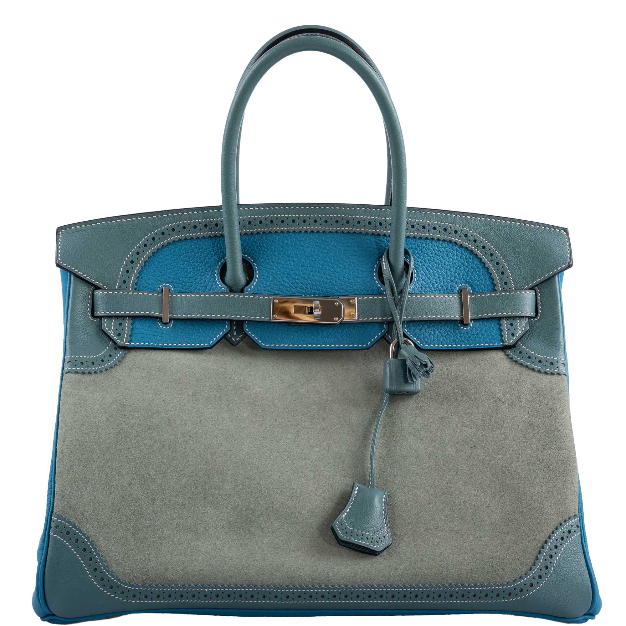 Hermès Birkin 35 Grizzly Ghillies Ciel/Turquoise Veau Doblis/Clémence/Evercolor Palladium Hardware