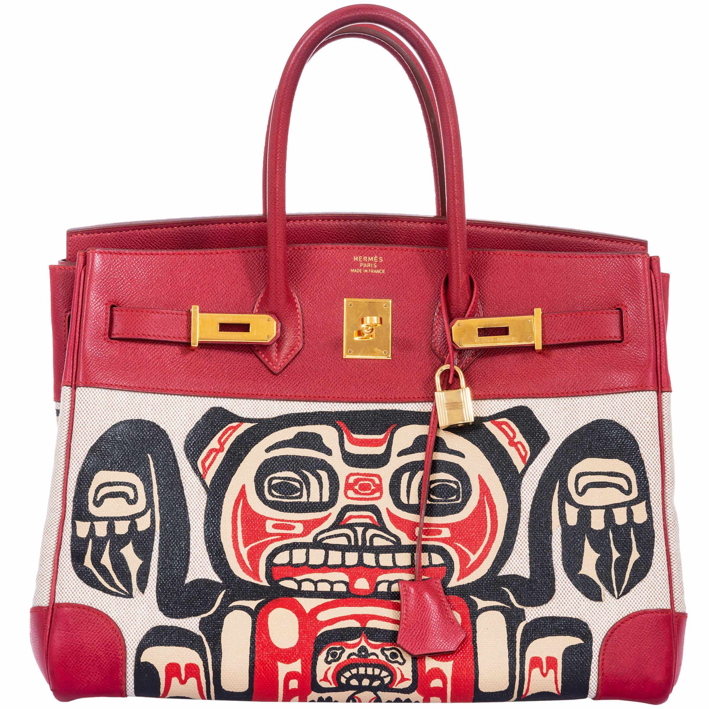Hermès Birkin 35 JaneFinds Custom Shop "Totem" Rouge Vif Courchevel & Toile Gold Hardware
