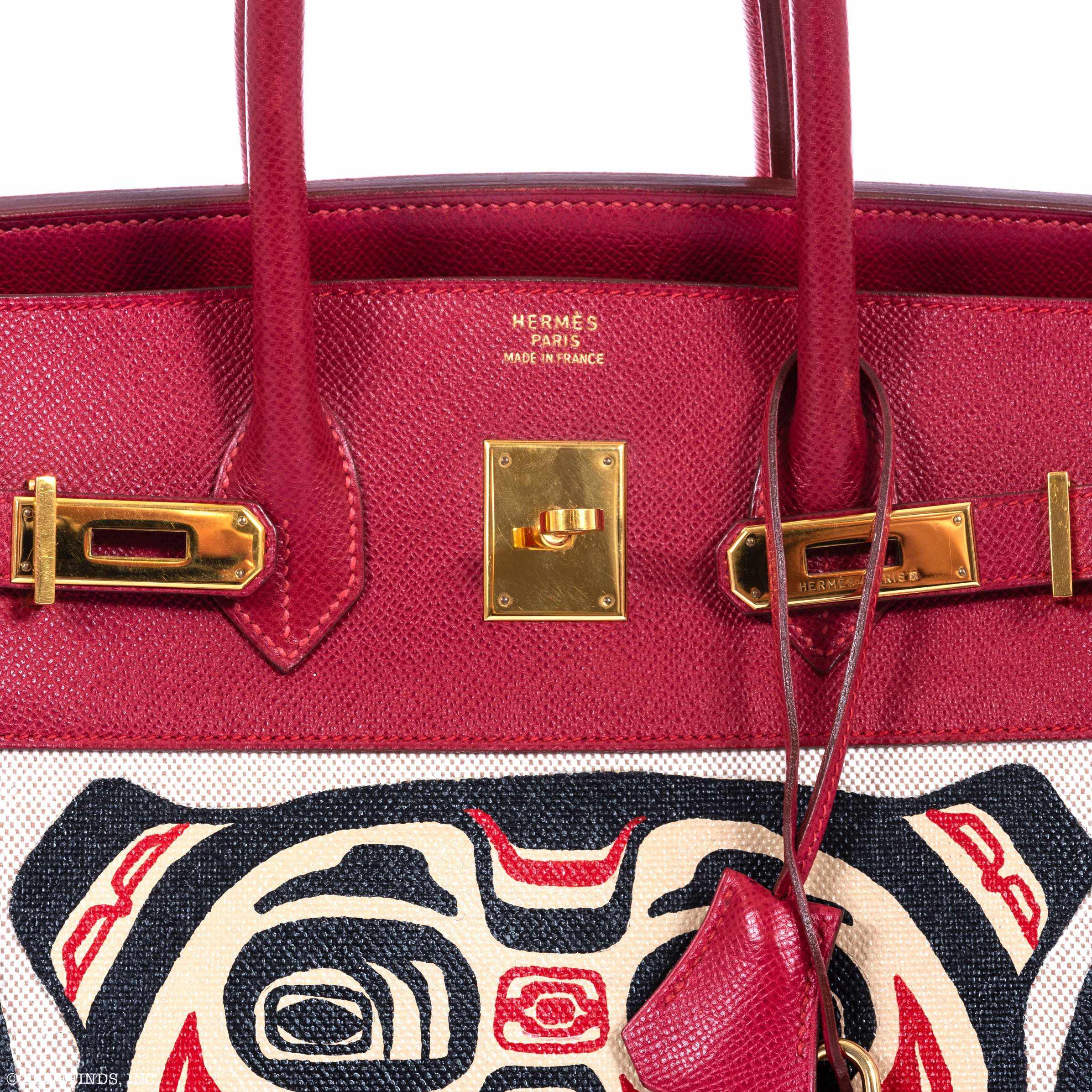 Hermès Birkin 35 JaneFinds Custom Shop "Totem" Rouge Vif Courchevel & Toile Gold Hardware