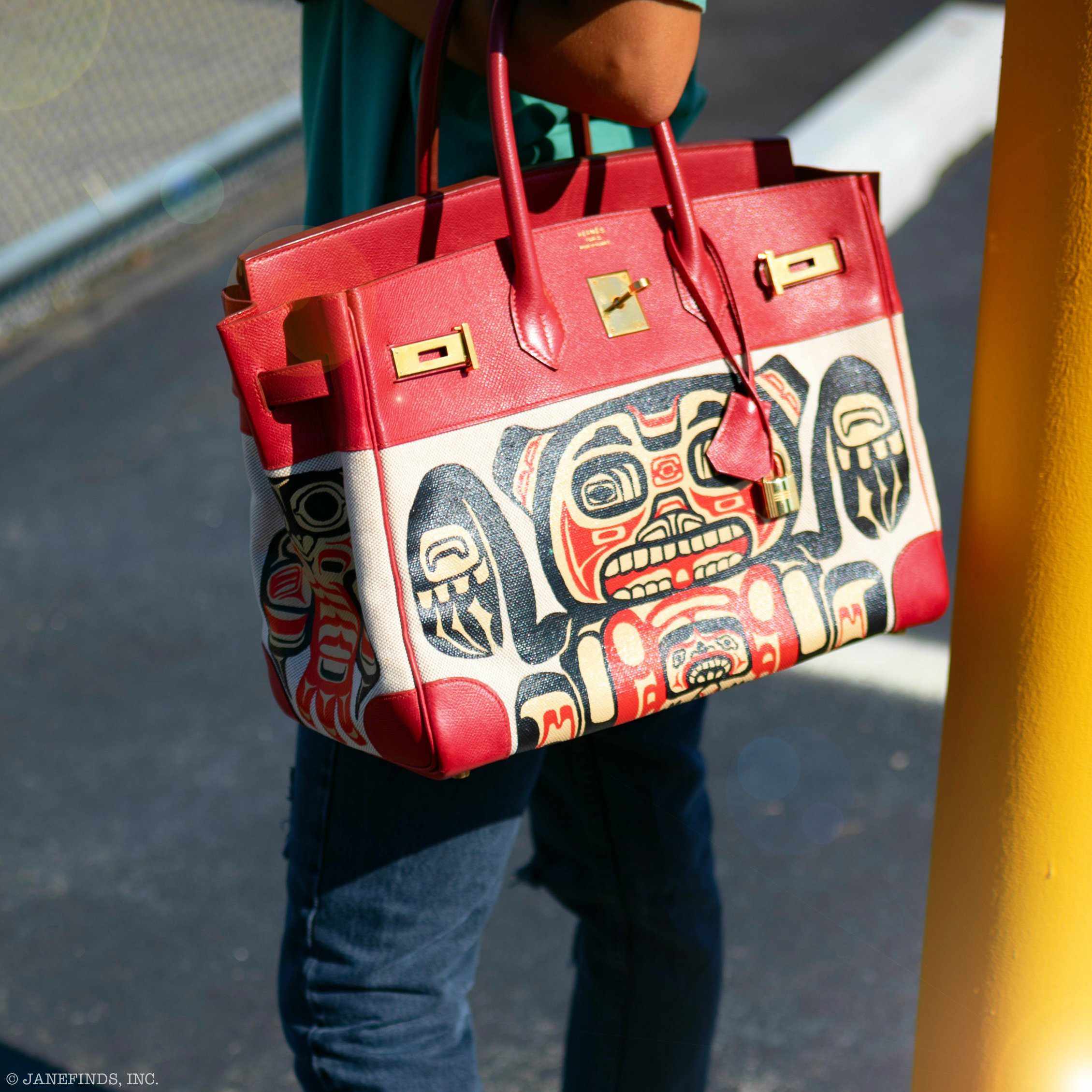 Hermès Birkin 35 JaneFinds Custom Shop "Totem" Rouge Vif Courchevel & Toile Gold Hardware