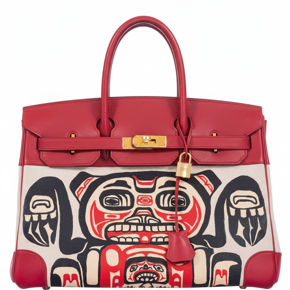 Hermès Birkin 35 JaneFinds Custom Shop "Totem" Rouge Vif Courchevel & Toile Gold Hardware