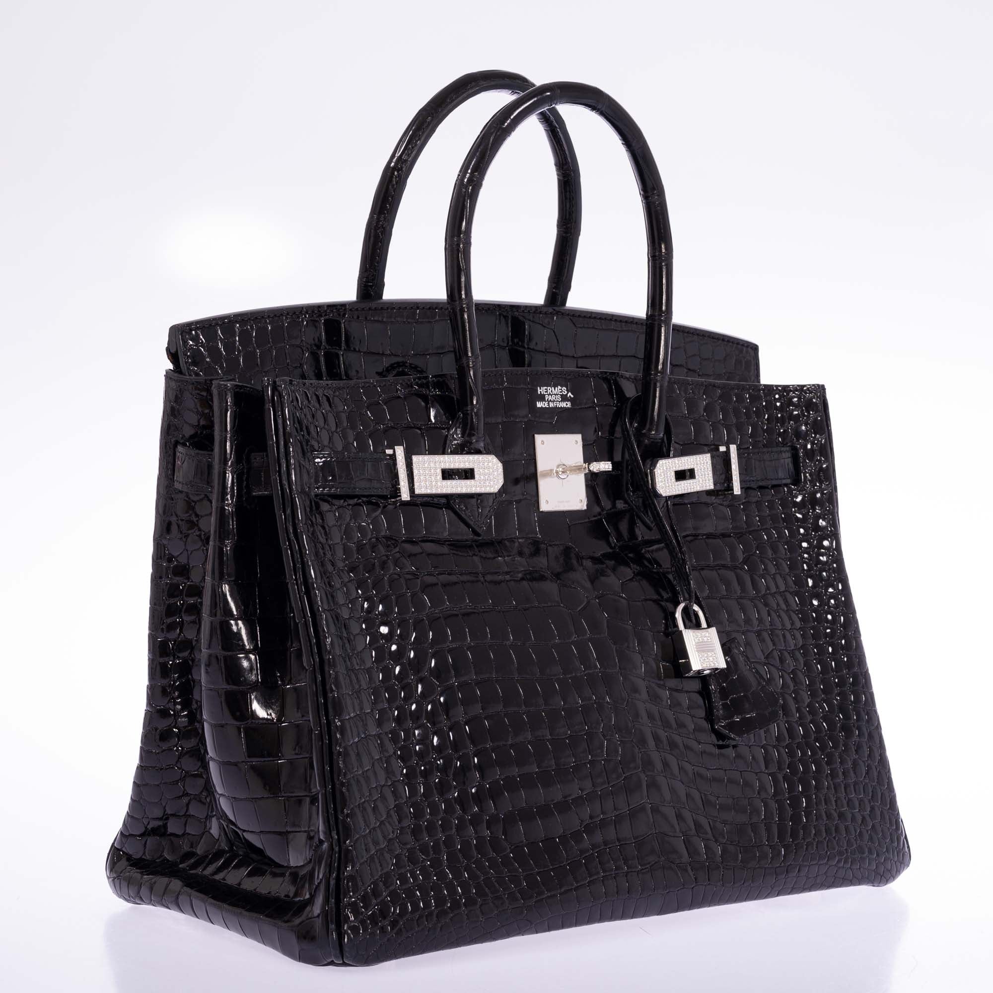 Hermès Birkin 35 Noir Shiny Porosus Crocodile 18K White Gold & Diamond Hardware