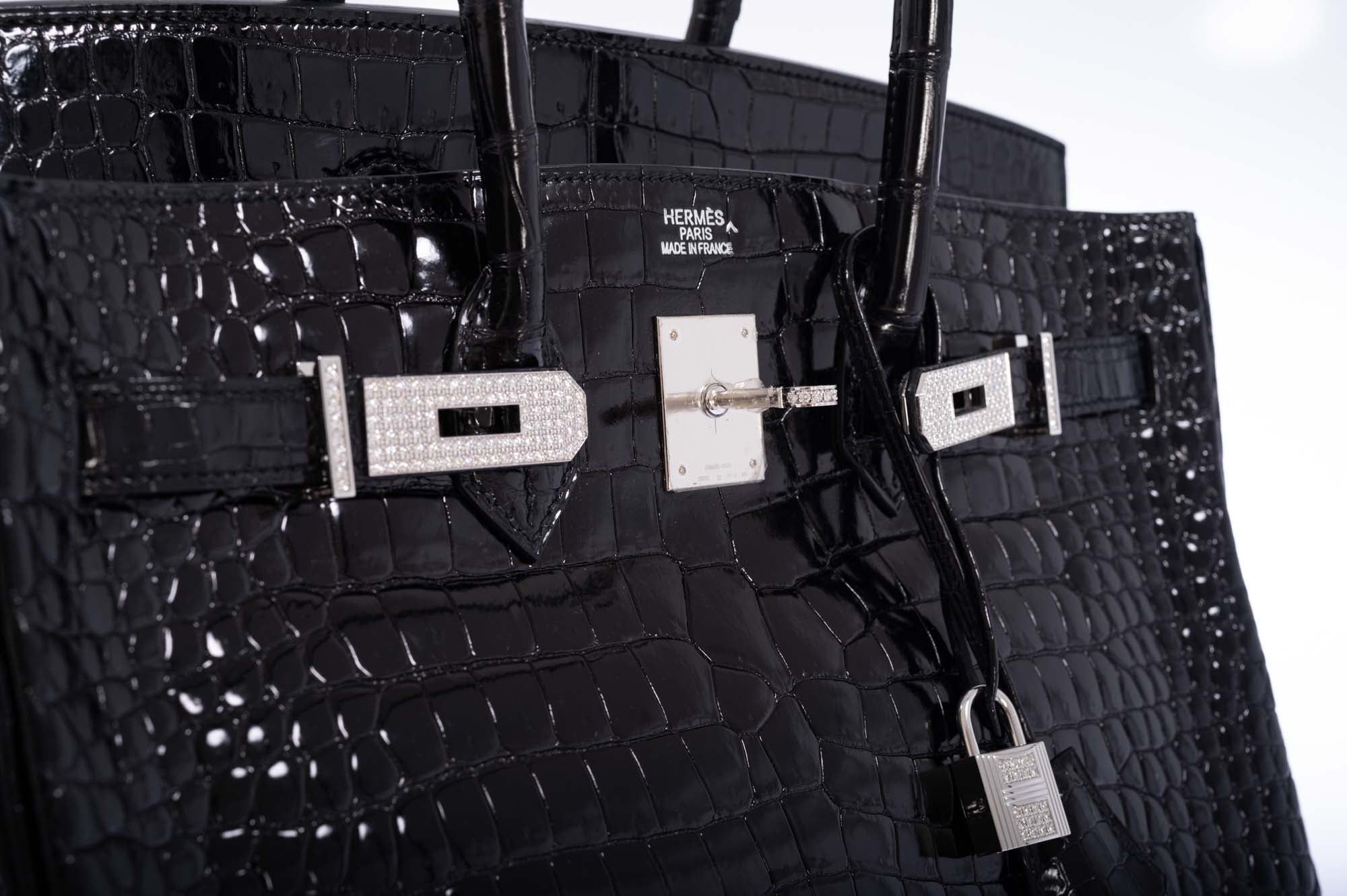 Hermès Birkin 35 Noir Shiny Porosus Crocodile 18K White Gold & Diamond Hardware