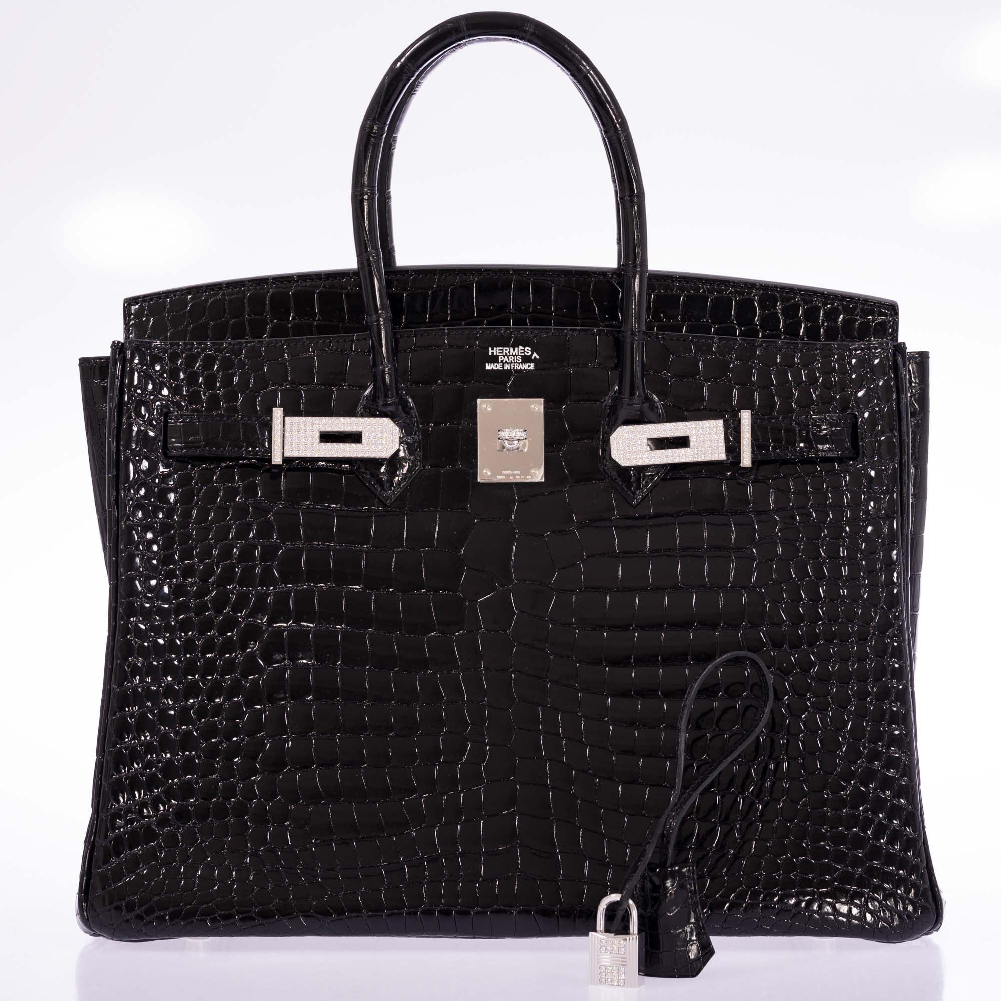 Hermès Birkin 35 Noir Shiny Porosus Crocodile 18K White Gold & Diamond Hardware