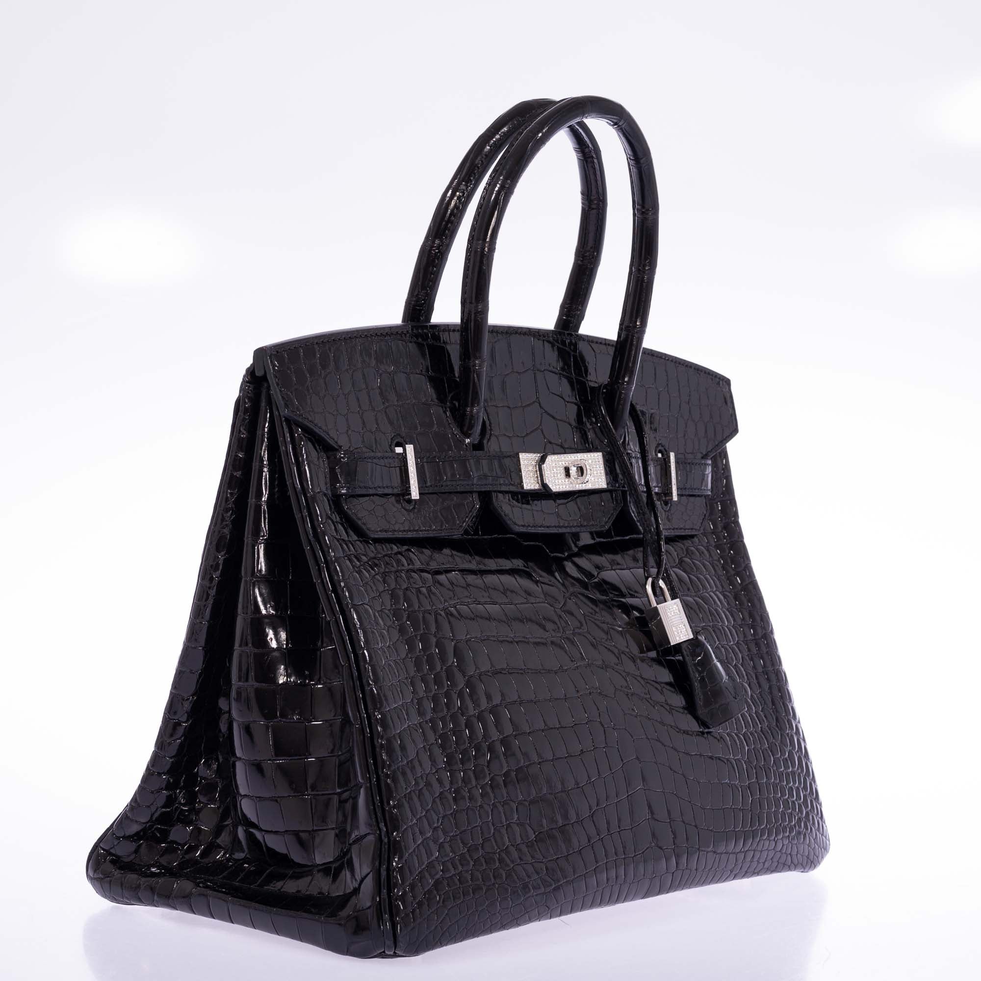 Hermès Birkin 35 Noir Shiny Porosus Crocodile 18K White Gold & Diamond Hardware