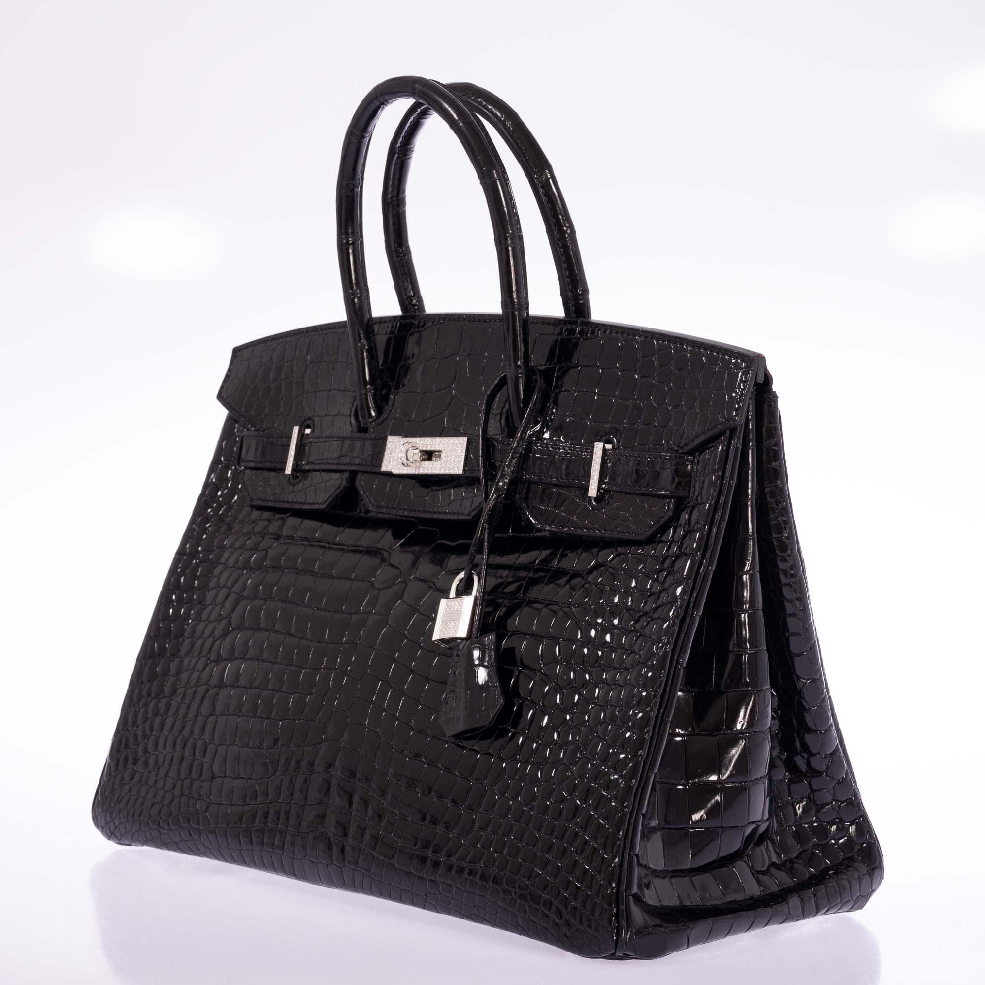 Hermès Birkin 35 Noir Shiny Porosus Crocodile 18K White Gold & Diamond Hardware