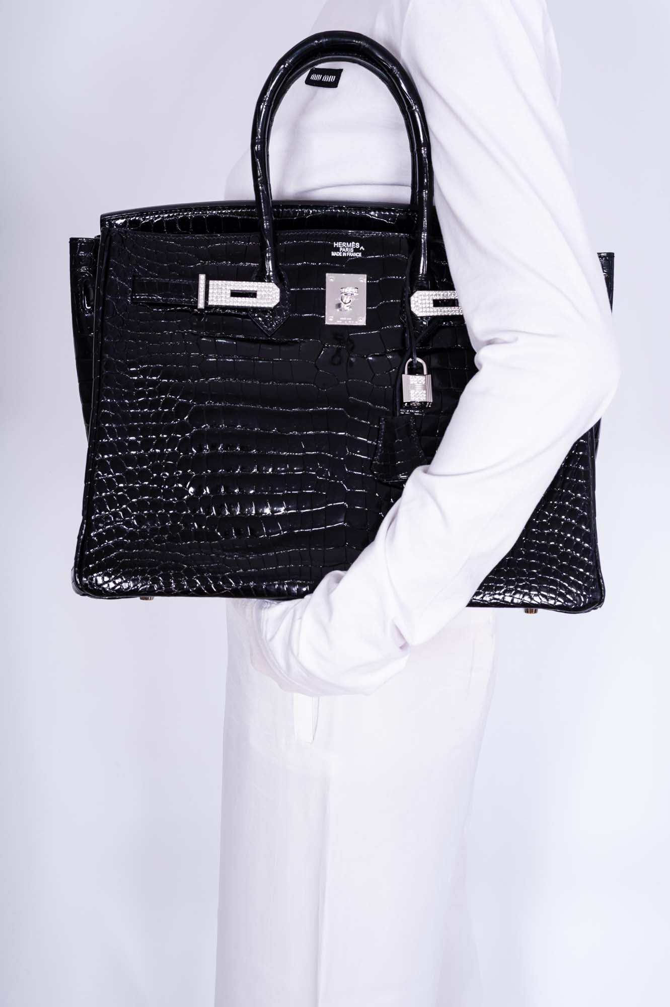 Hermès Birkin 35 Noir Shiny Porosus Crocodile 18K White Gold & Diamond Hardware