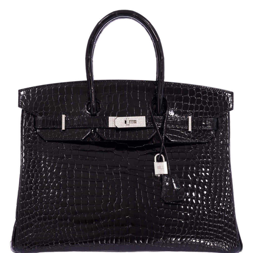 Hermès Birkin 35 Noir Shiny Porosus Crocodile 18K White Gold & Diamond Hardware