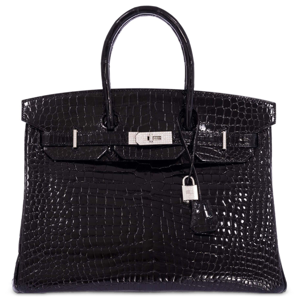 Hermès Birkin 35 Noir Shiny Porosus Crocodile 18K White Gold & Diamond Hardware, front view