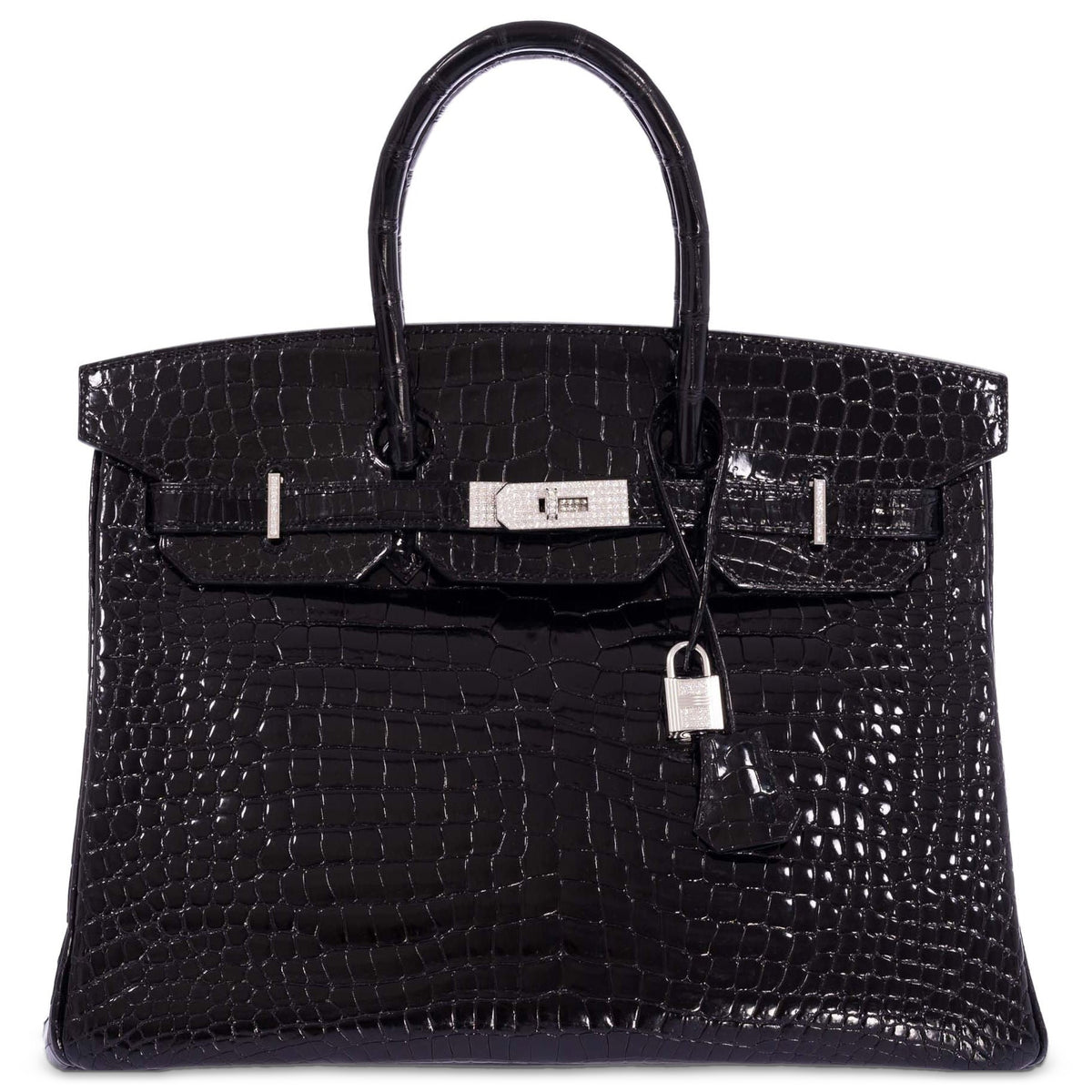Hermès Birkin 35 Noir Shiny Porosus Crocodile 18K White Gold & Diamond Hardware, front view