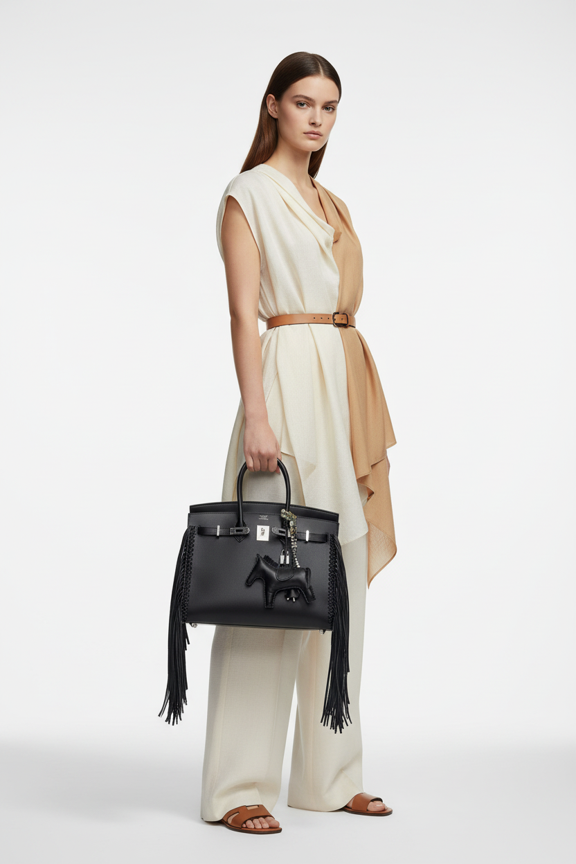 Hermès Birkin 35 Sellier Black Anate Fringe Evercolor leather Palladium Hardware