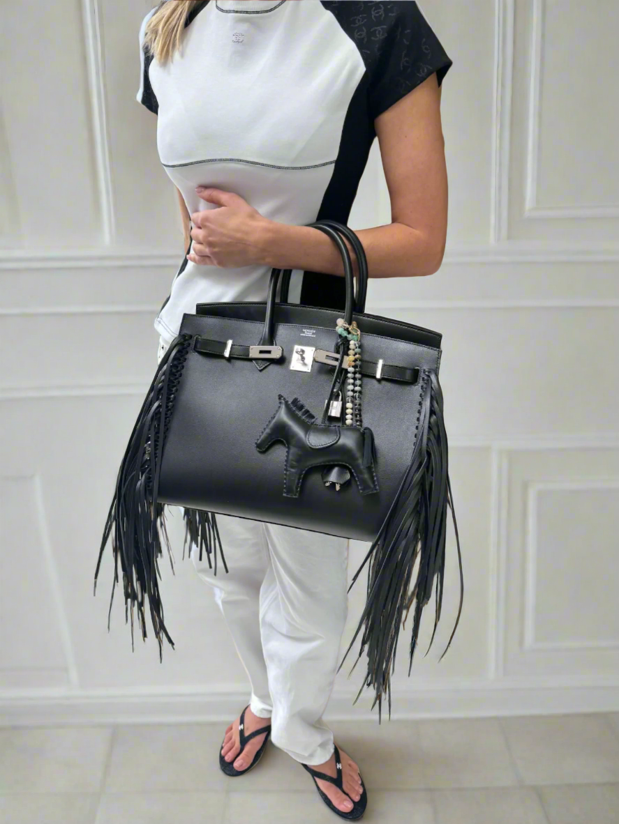 Hermès Birkin 35 Sellier Black Anate Fringe Evercolor leather Palladium Hardware