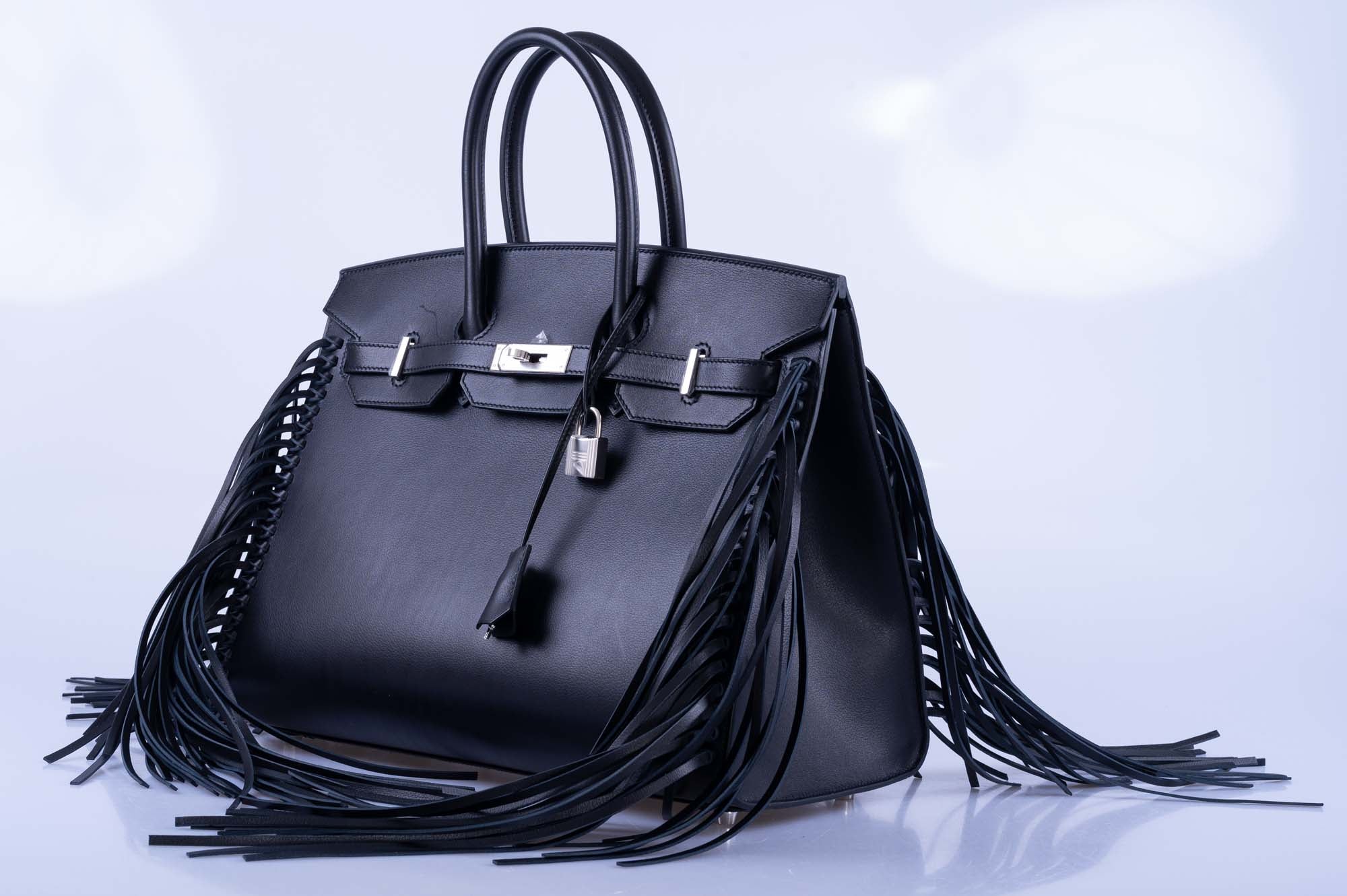 Hermès Birkin 35 Sellier Black Anate Fringe Evercolor leather Palladium Hardware