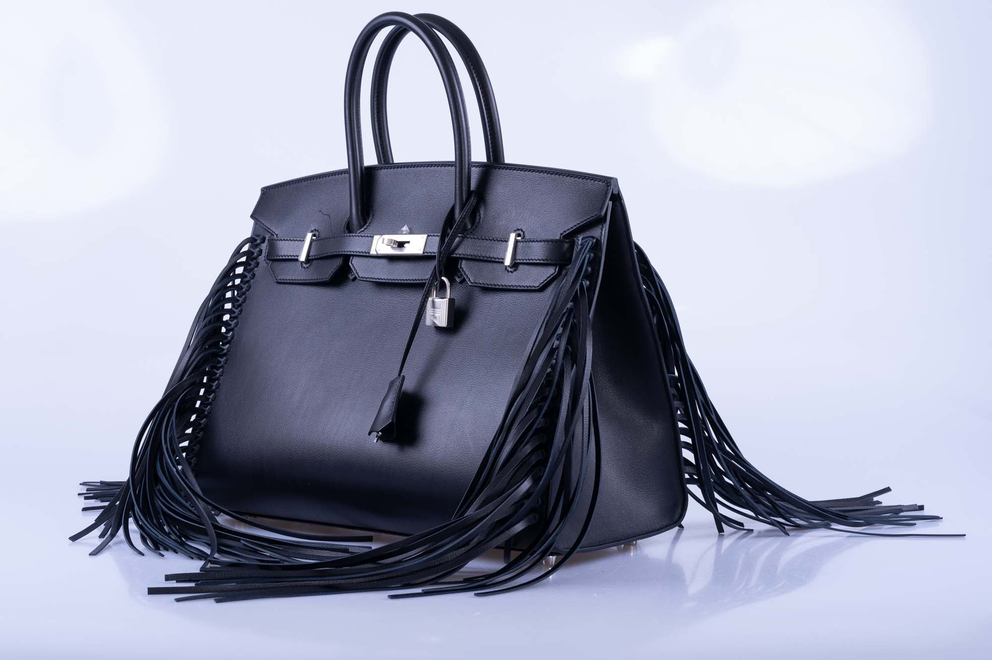 Hermès Birkin 35 Sellier Black Anate Fringe Evercolor leather Palladium Hardware