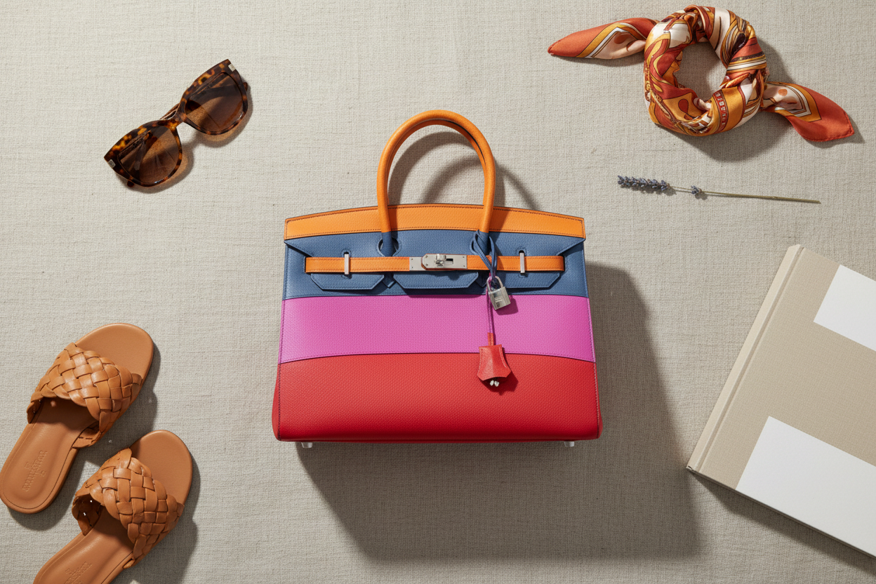 Hermès Birkin 35 Sellier Rainbow Sunset Abricot/Bleu Agate/Magnolia/Rouge Casaque Epsom Palladium Hardware