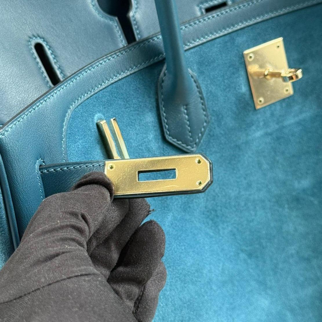 Hermès Birkin 40 "Grizzly" Bleu Thalassa Veau Doblis Suede & Permabrass Hardware