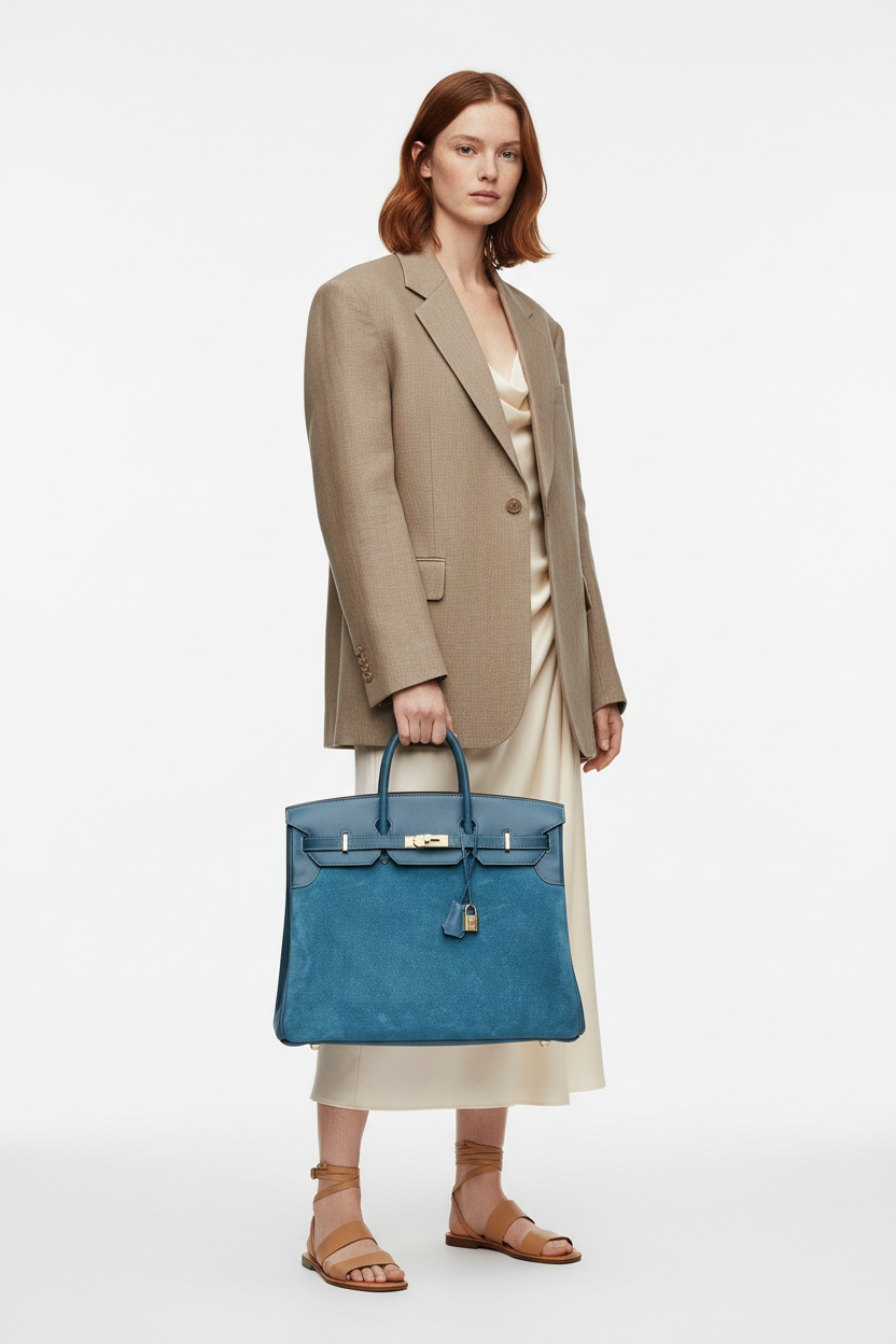 Hermès Birkin 40 "Grizzly" Bleu Thalassa Veau Doblis Suede & Permabrass Hardware
