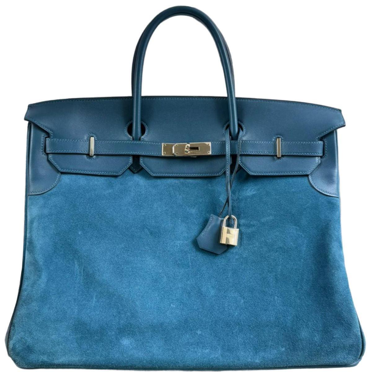 Hermès Birkin 40 "Grizzly" Bleu Thalassa Veau Doblis Suede & Permabrass Hardware