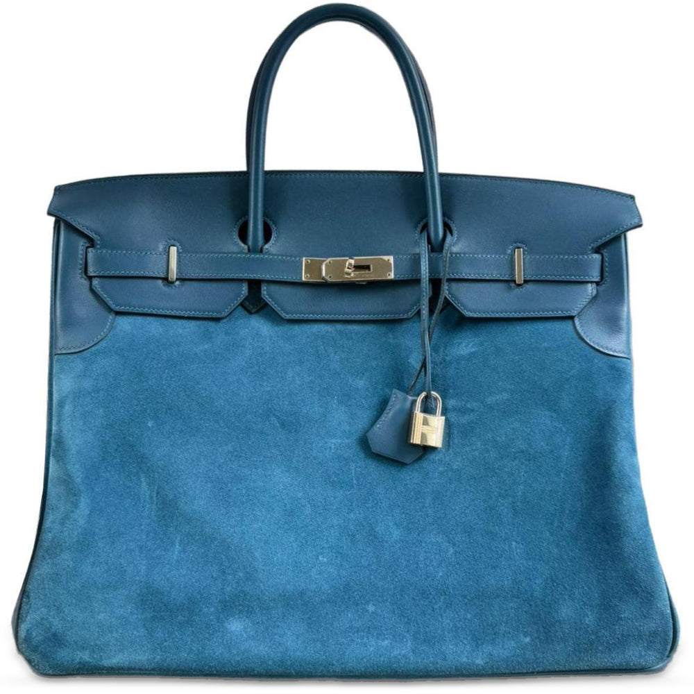 Hermès Birkin 40 "Grizzly" Bleu Thalassa Veau Doblis Suede & Permabrass Hardware, front view