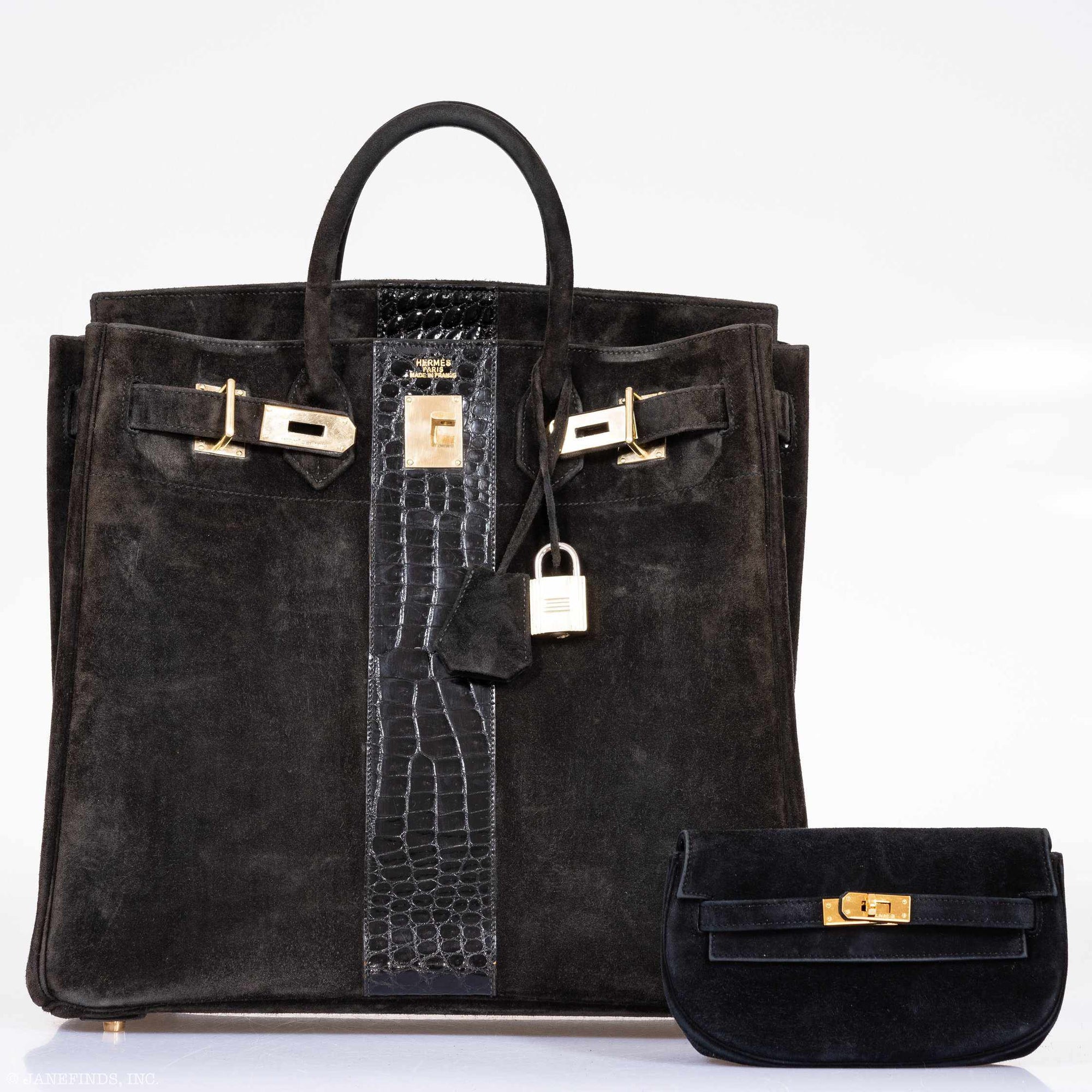 Hermès Birkin 40 HAC Black Doblis Suede and Crocodile Gold Hardware
