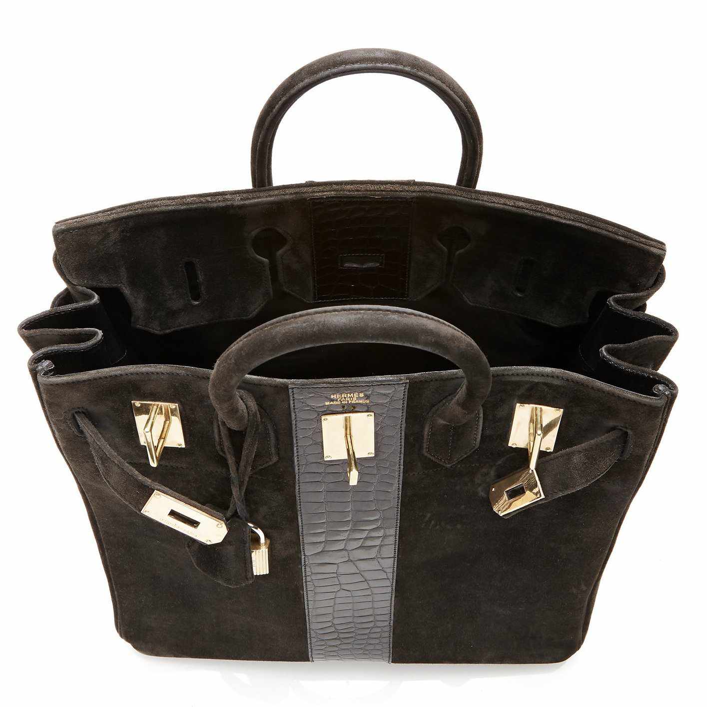 Hermès Birkin 40 HAC Black Doblis Suede and Crocodile Gold Hardware