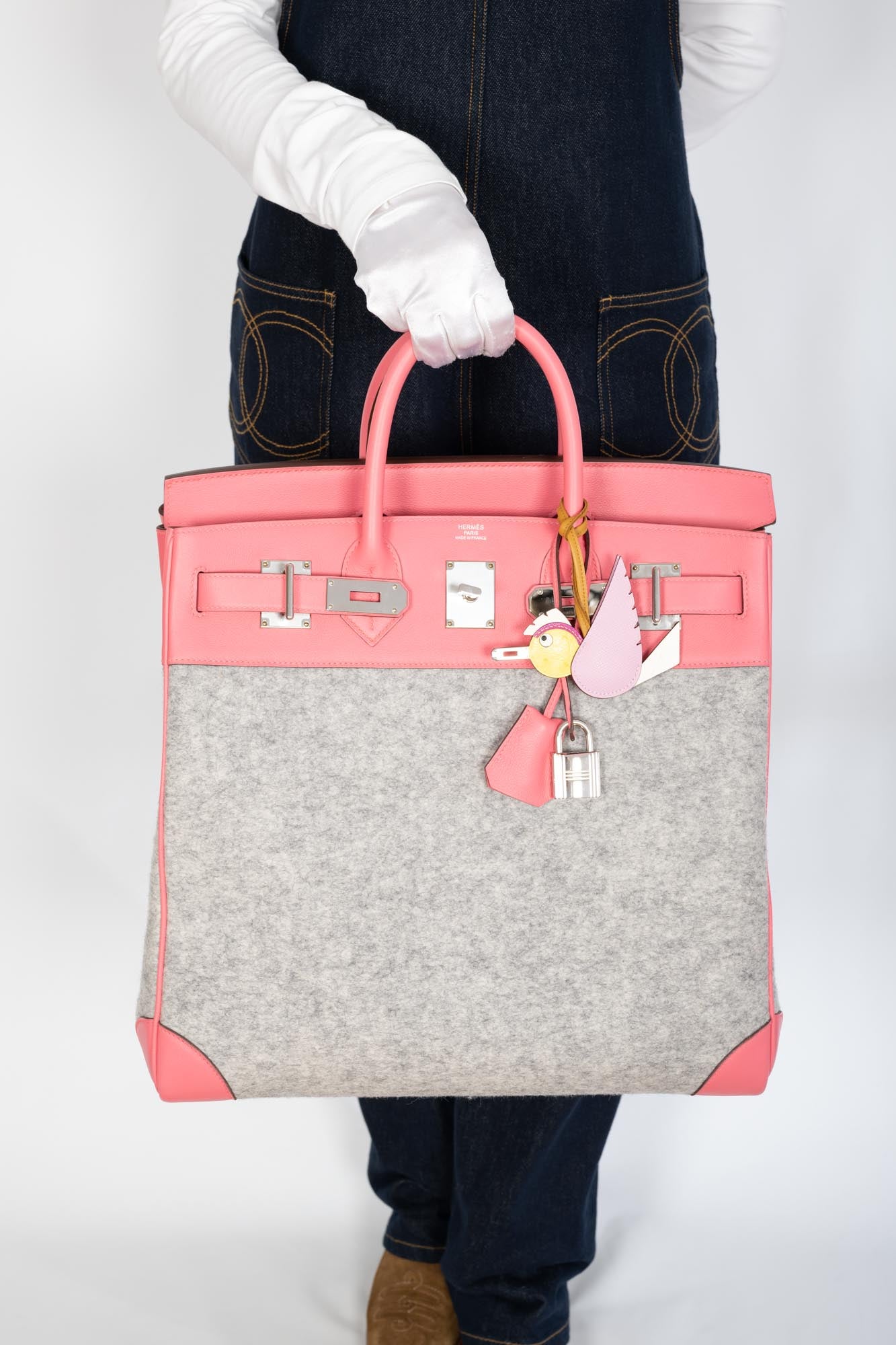 Hermès Birkin 40 HAC Rose Azalée Evercolor leather and Gris Clair Wool Toudou Palladium Hardware