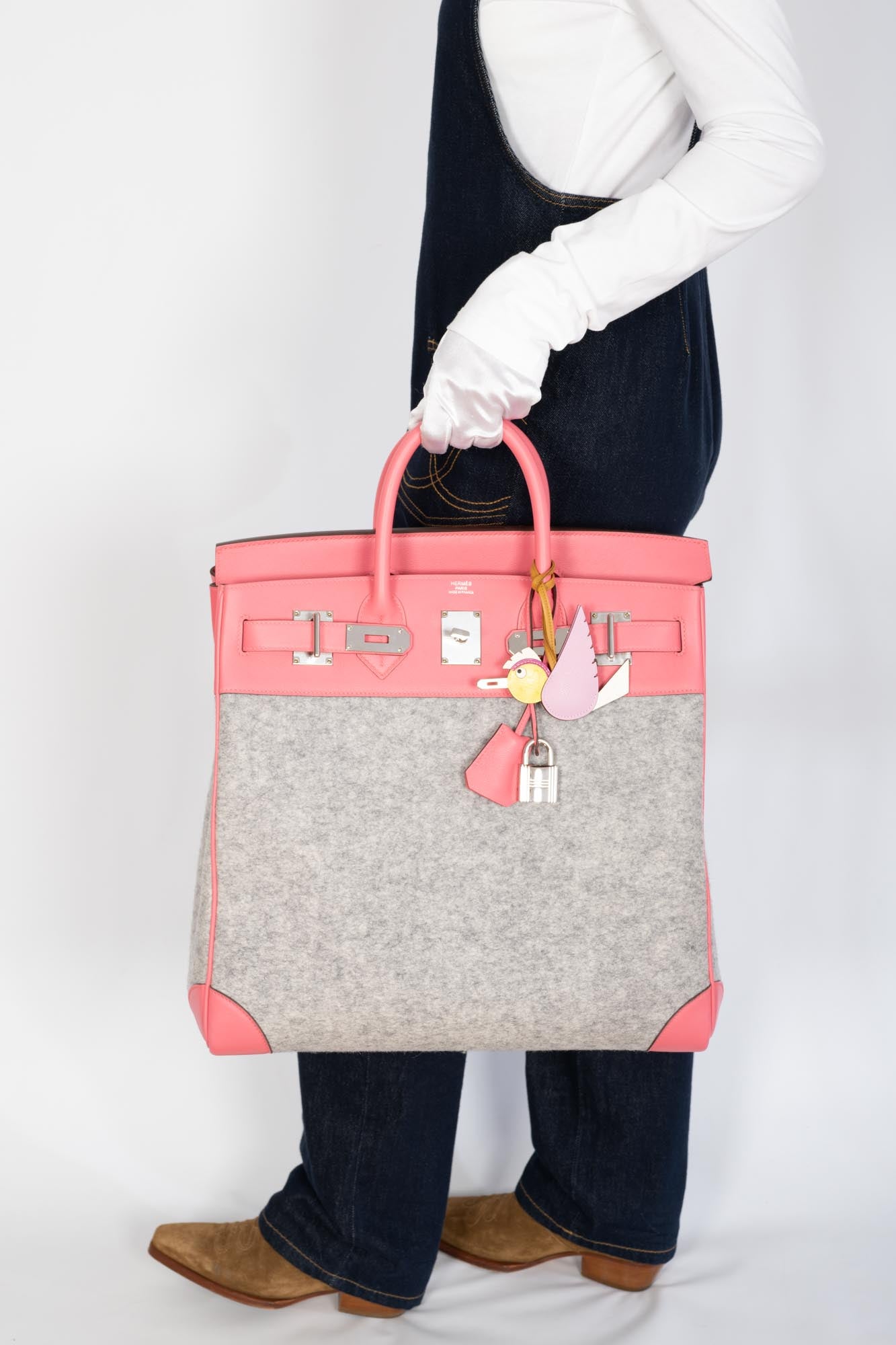 Hermès Birkin 40 HAC Rose Azalée Evercolor leather and Gris Clair Wool Toudou Palladium Hardware