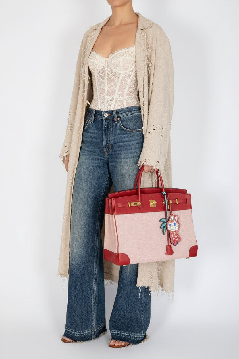 Hermès Birkin 40 Rouge Vif Toile and Courchevel with Gold Hardware