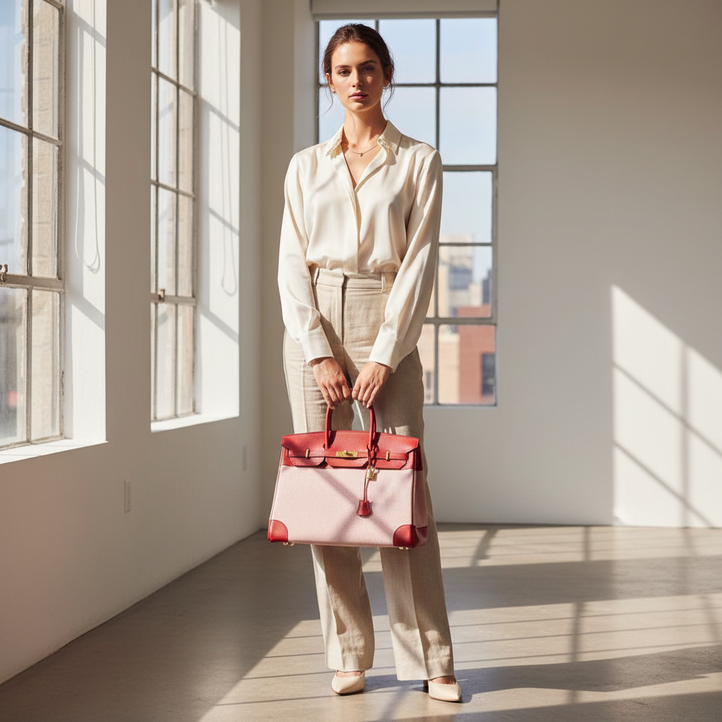 Hermès Birkin 40 Rouge Vif Toile and Courchevel with Gold Hardware