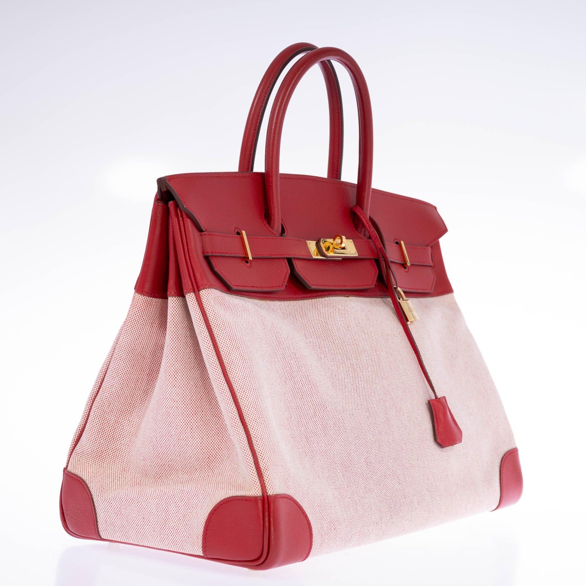 Hermès Birkin 40 Rouge Vif Toile and Courchevel with Gold Hardware