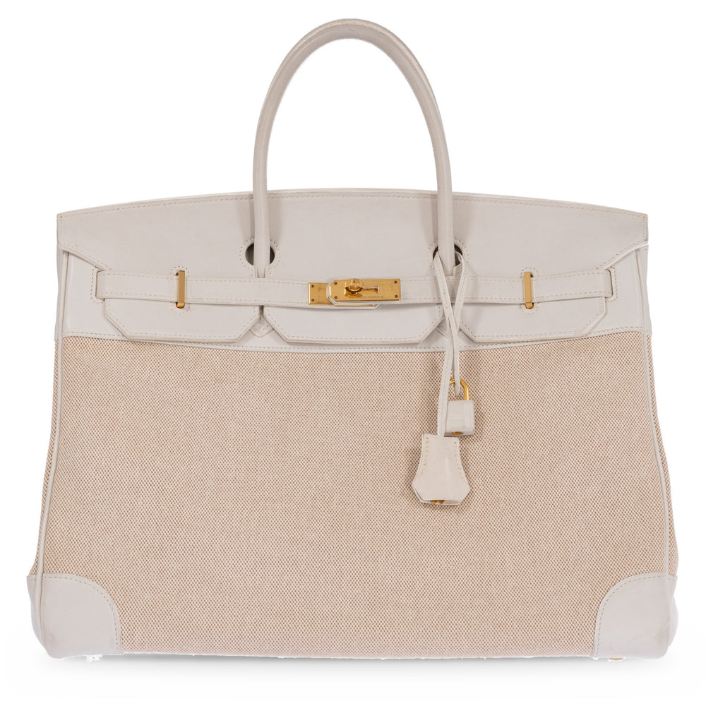 Hermès Birkin 40 Toile and Blanc Swift Gold Hardware, front view with the flap closed, lock and clochette