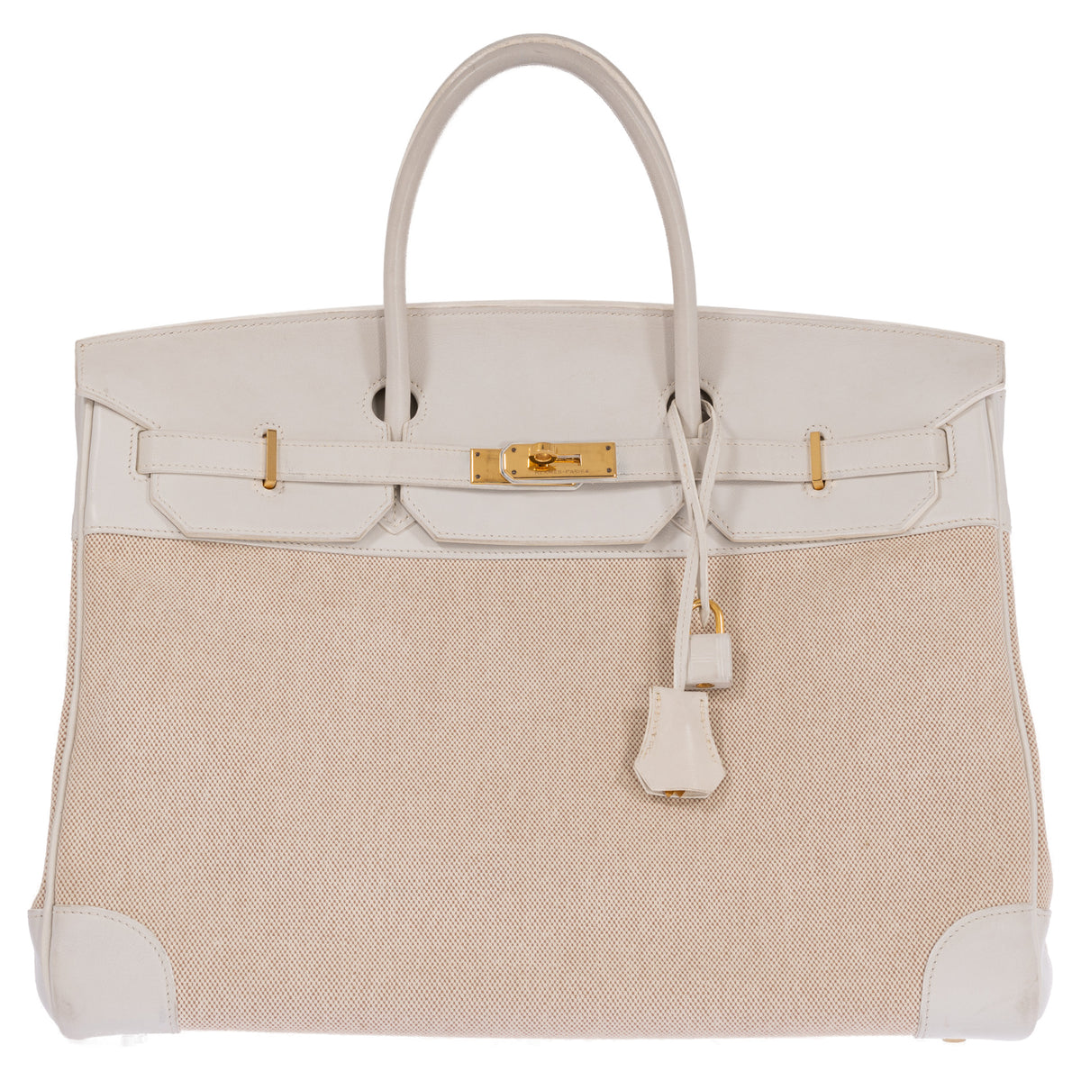 Hermès Birkin 40 Toile and Blanc Swift Gold Hardware, front view with the flap closed, lock and clochette