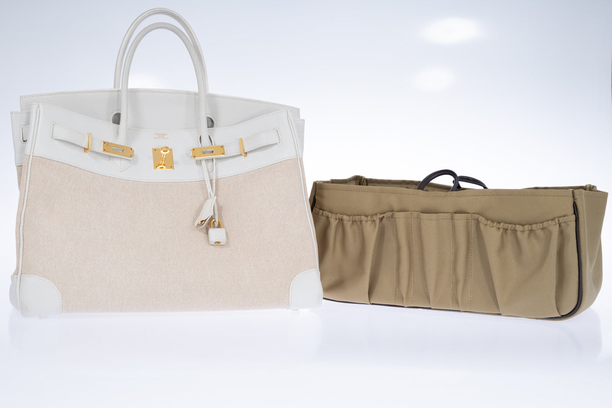 Hermès Birkin 40 Toile and Blanc Swift Gold Hardware, shown open with the included Baginizer organizer