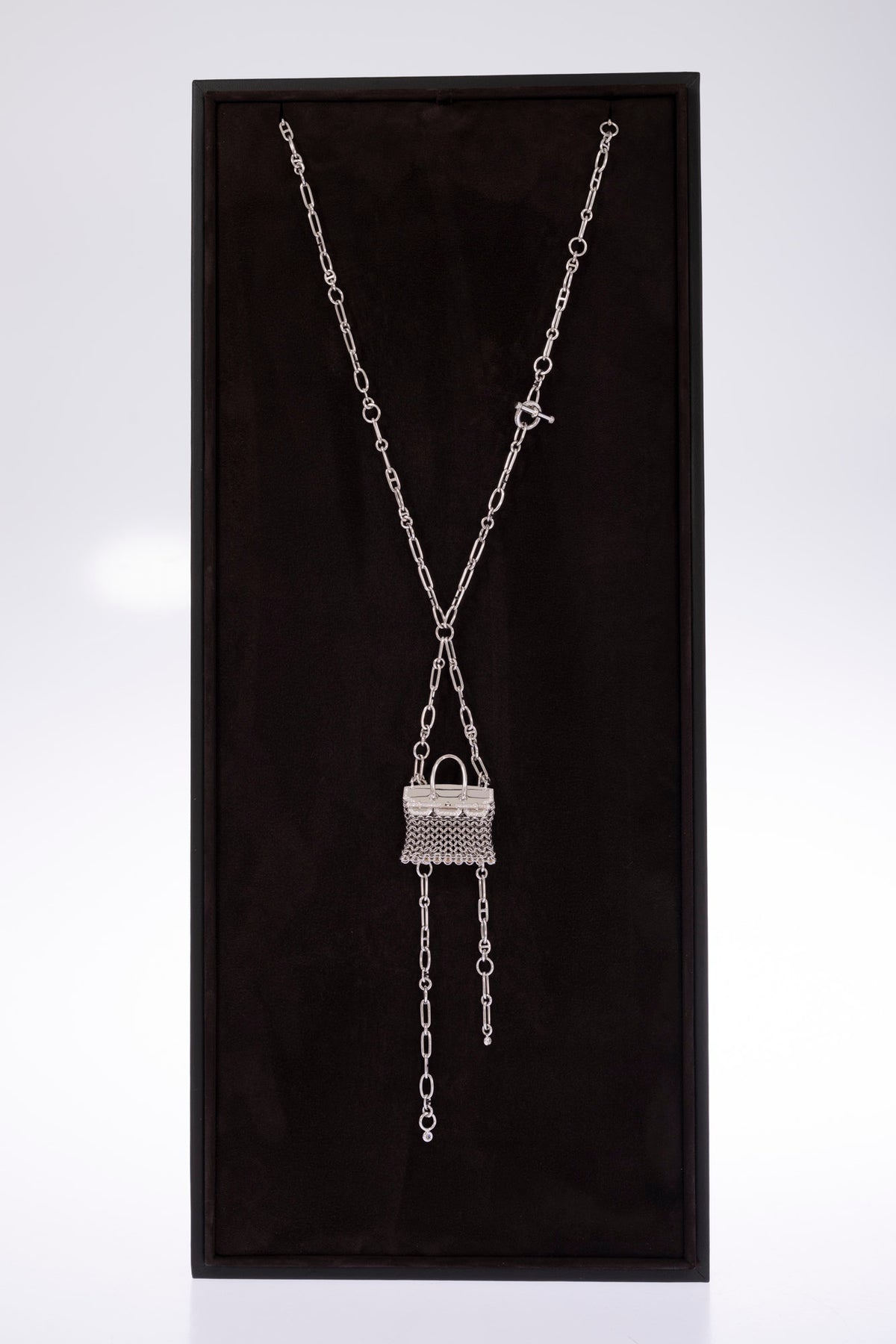 Hermès Birkin Bijou Précieux 18K White Gold Diamond Chain Mail Necklace, full length on the presentation tray