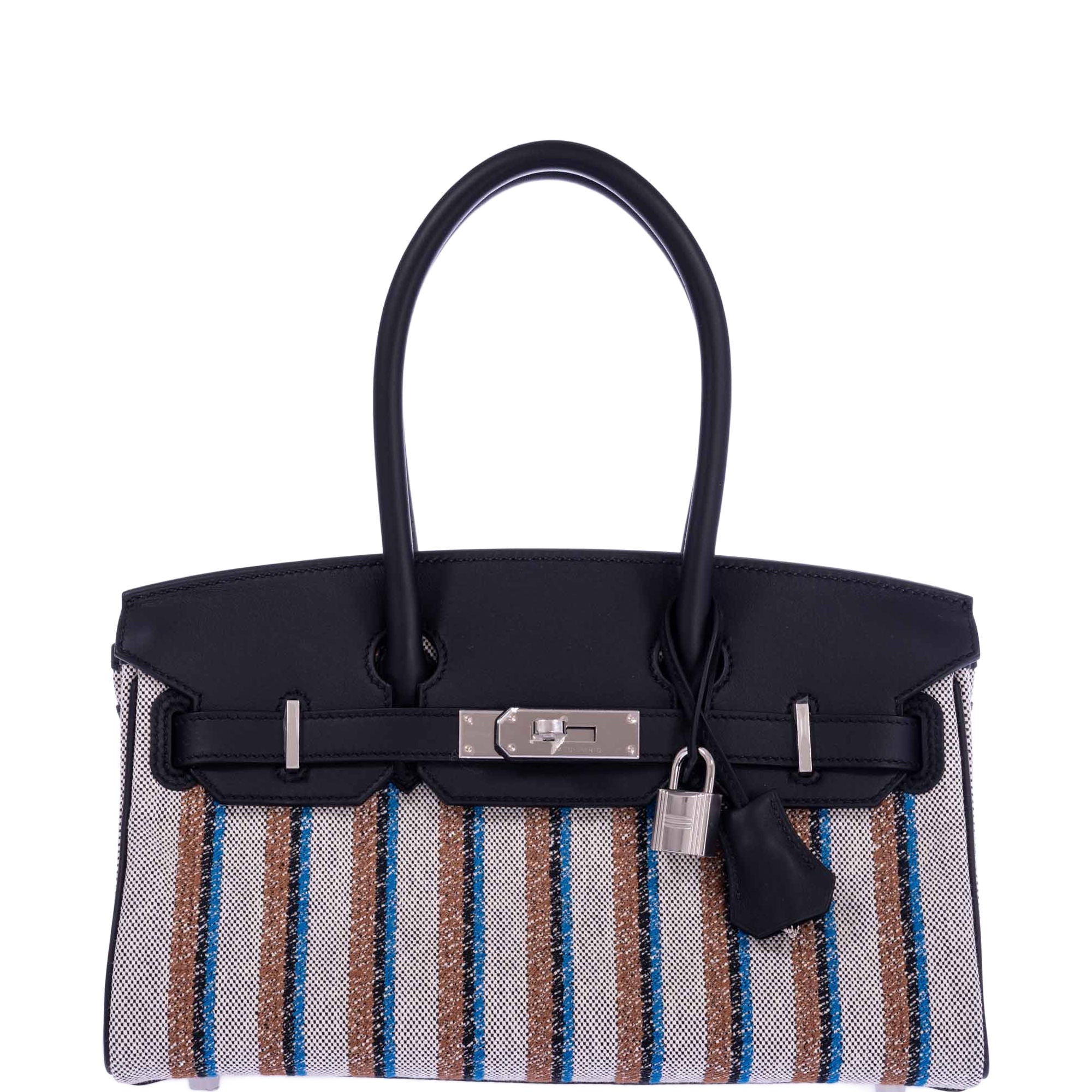 Hermès Birkin Shoulder Light 29 in Black Evercolor and Embroidered Toile Palladium Hardware