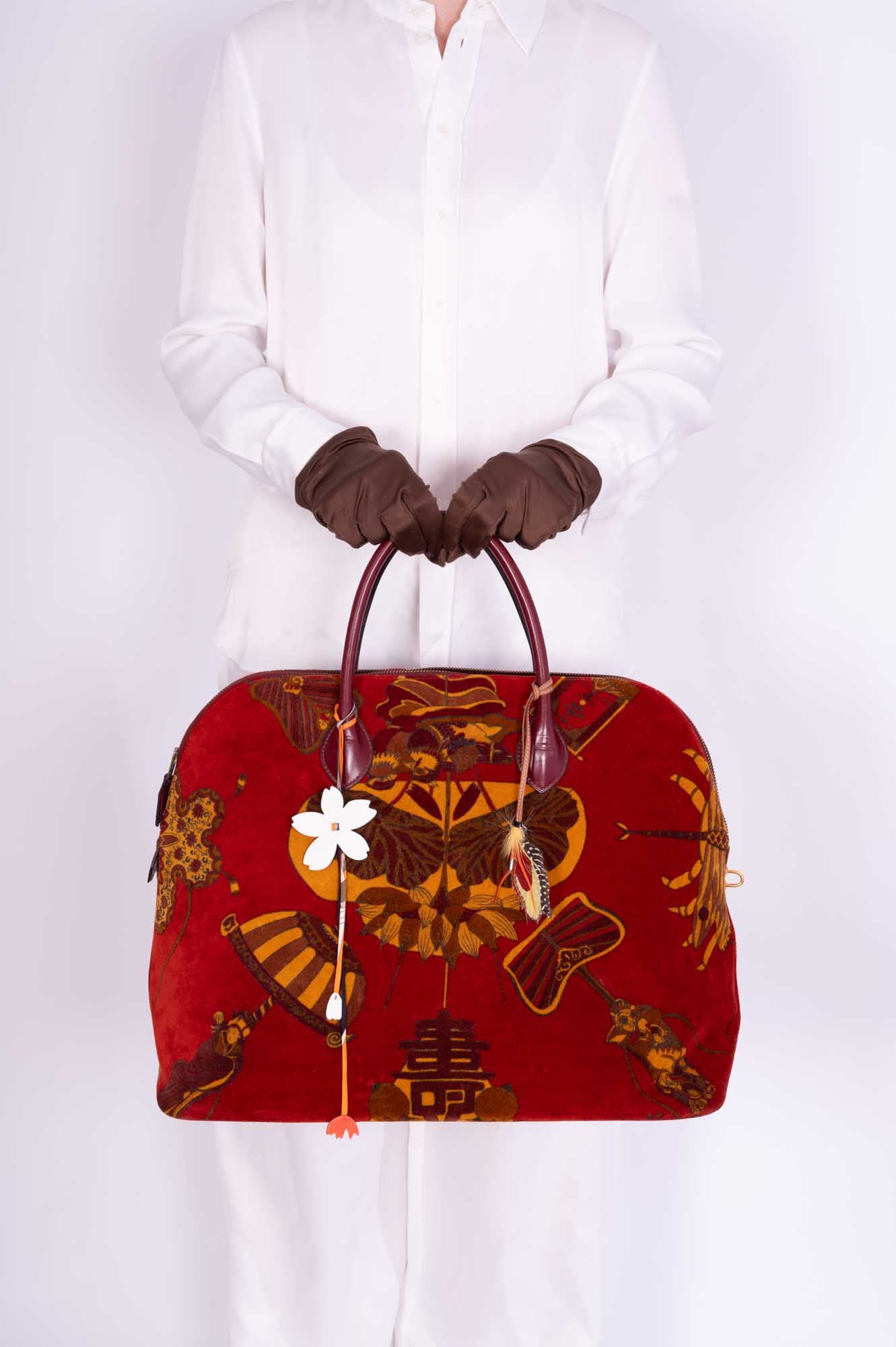 Hermès Bolide 45 Soies Volantes Rouge H Box Calfskin and Printed Velvet