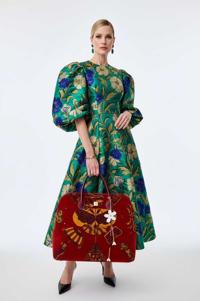 Hermès Bolide 45 Soies Volantes Rouge H Box Calfskin and Printed Velvet