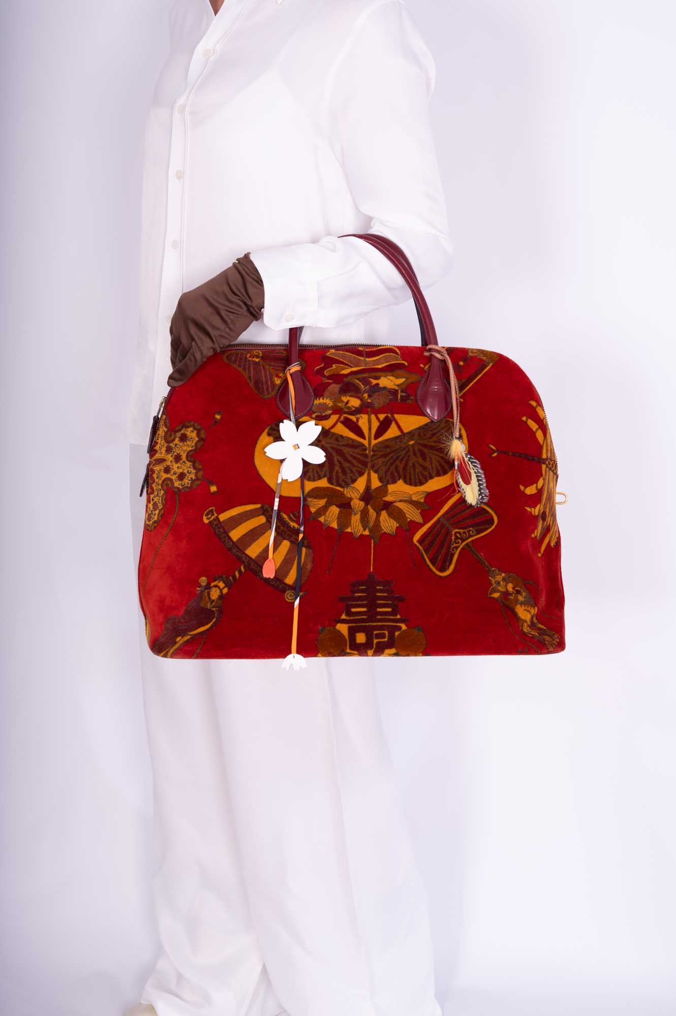 Hermès Bolide 45 Soies Volantes Rouge H Box Calfskin and Printed Velvet