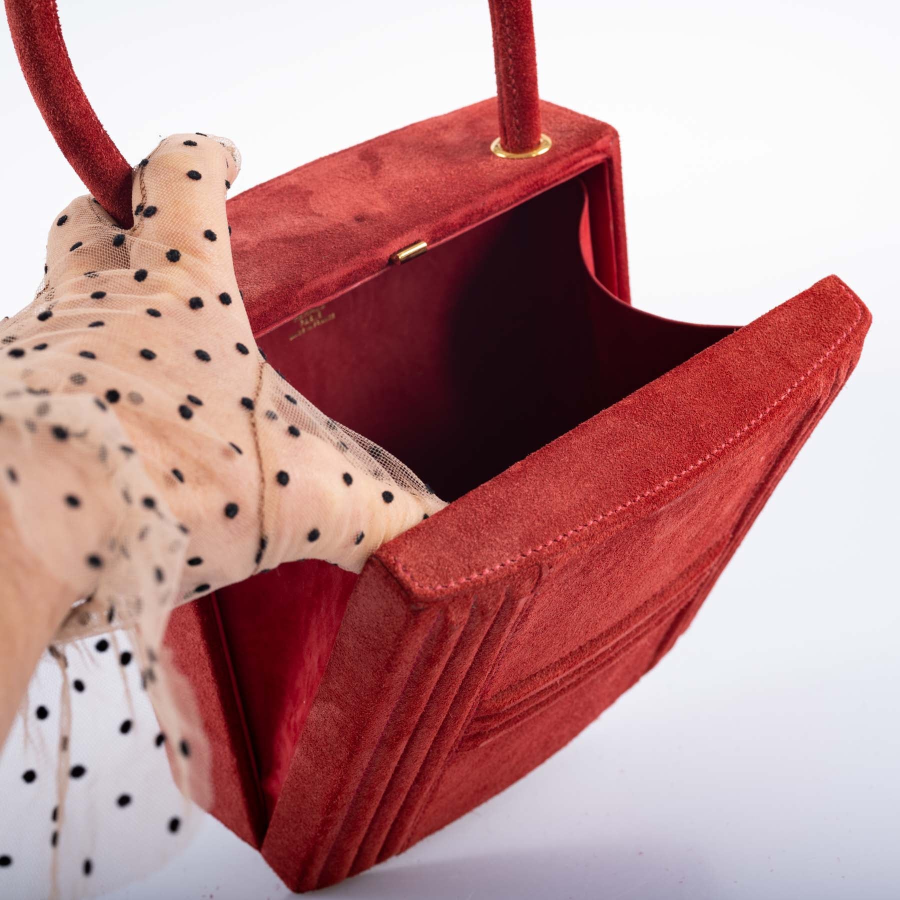 Hermès Cadena Bag Rouge Veau Doblis Suede Gold Hardware